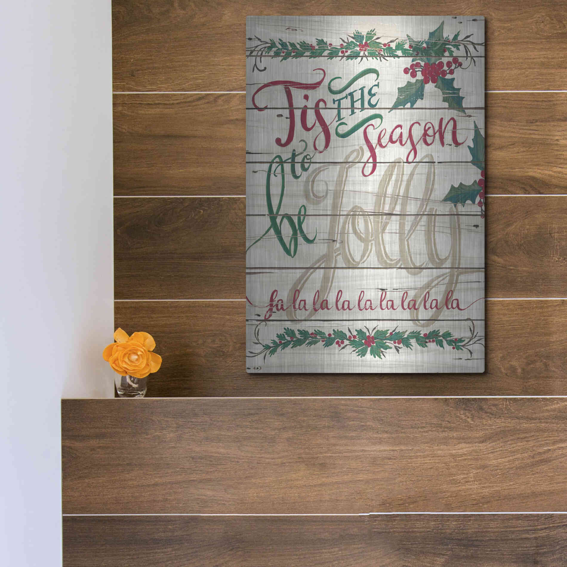 Luxe Metal Art 'Tis the Season Shiplap' by Cindy Jacobs, Metal Wall Art,12x16