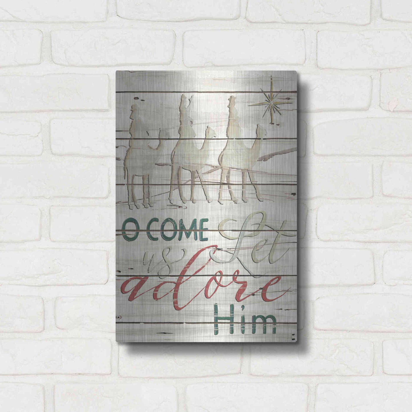 Luxe Metal Art 'Come Let Us Adore Him Shiplap' by Cindy Jacobs, Metal Wall Art,12x16