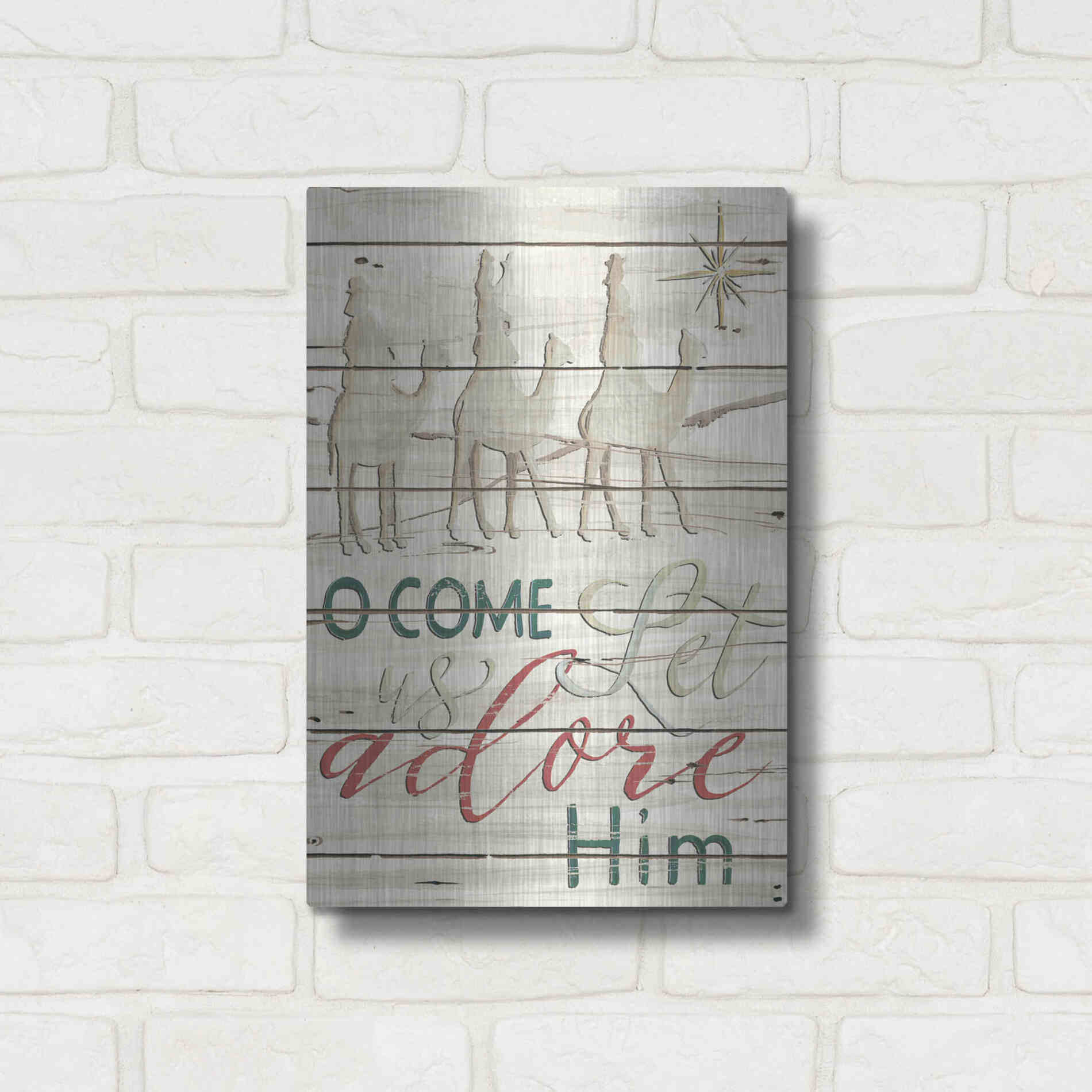 Luxe Metal Art 'Come Let Us Adore Him Shiplap' by Cindy Jacobs, Metal Wall Art,12x16