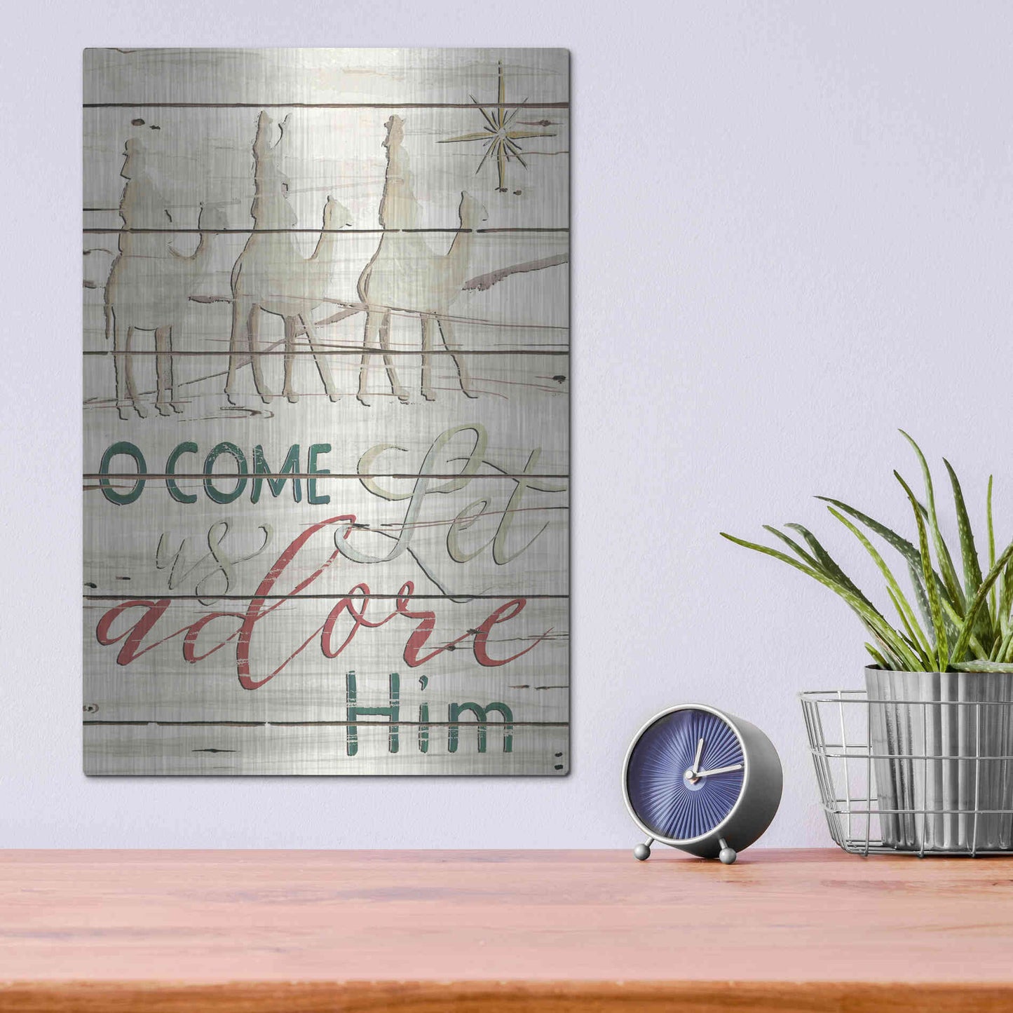 Luxe Metal Art 'Come Let Us Adore Him Shiplap' by Cindy Jacobs, Metal Wall Art,12x16