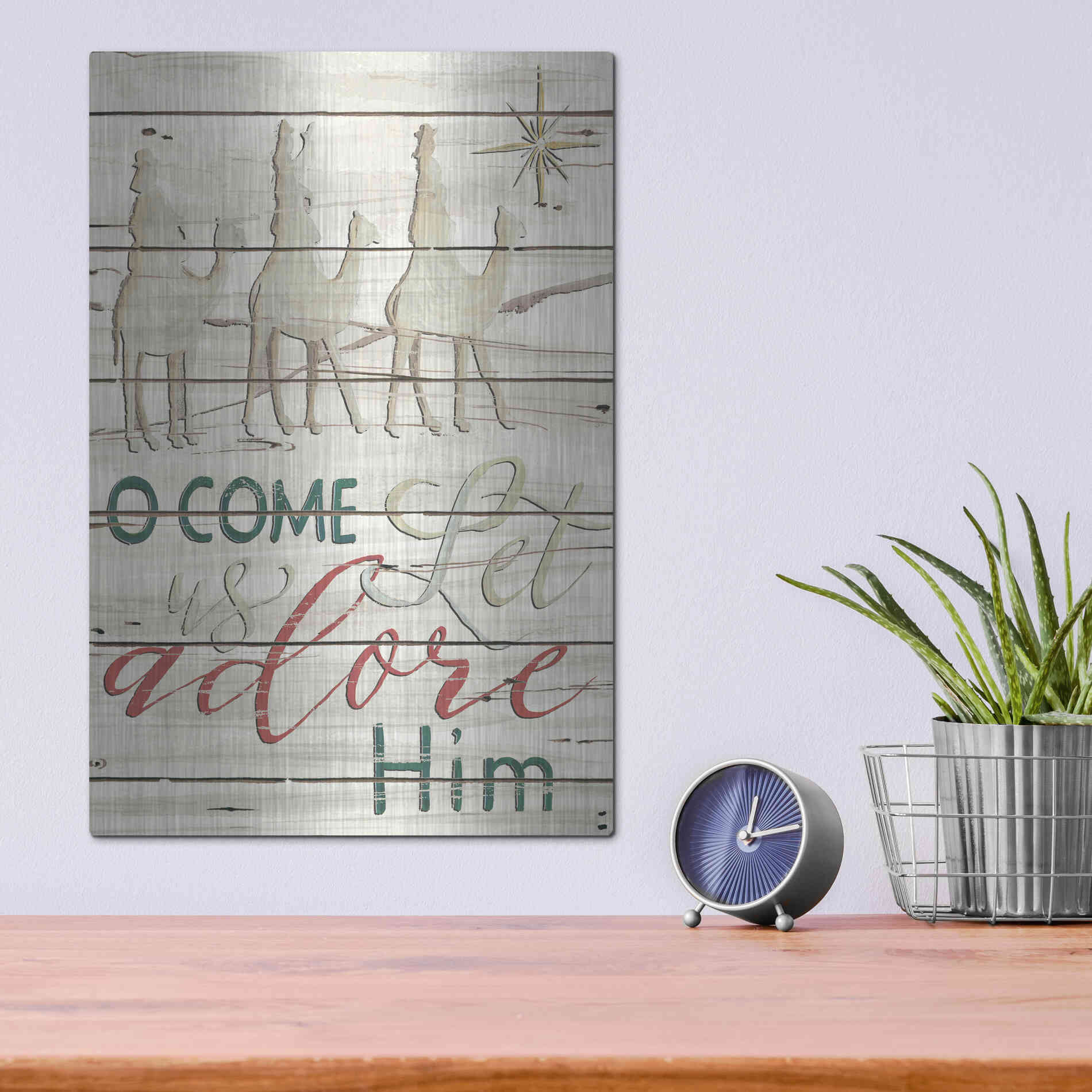 Luxe Metal Art 'Come Let Us Adore Him Shiplap' by Cindy Jacobs, Metal Wall Art,12x16