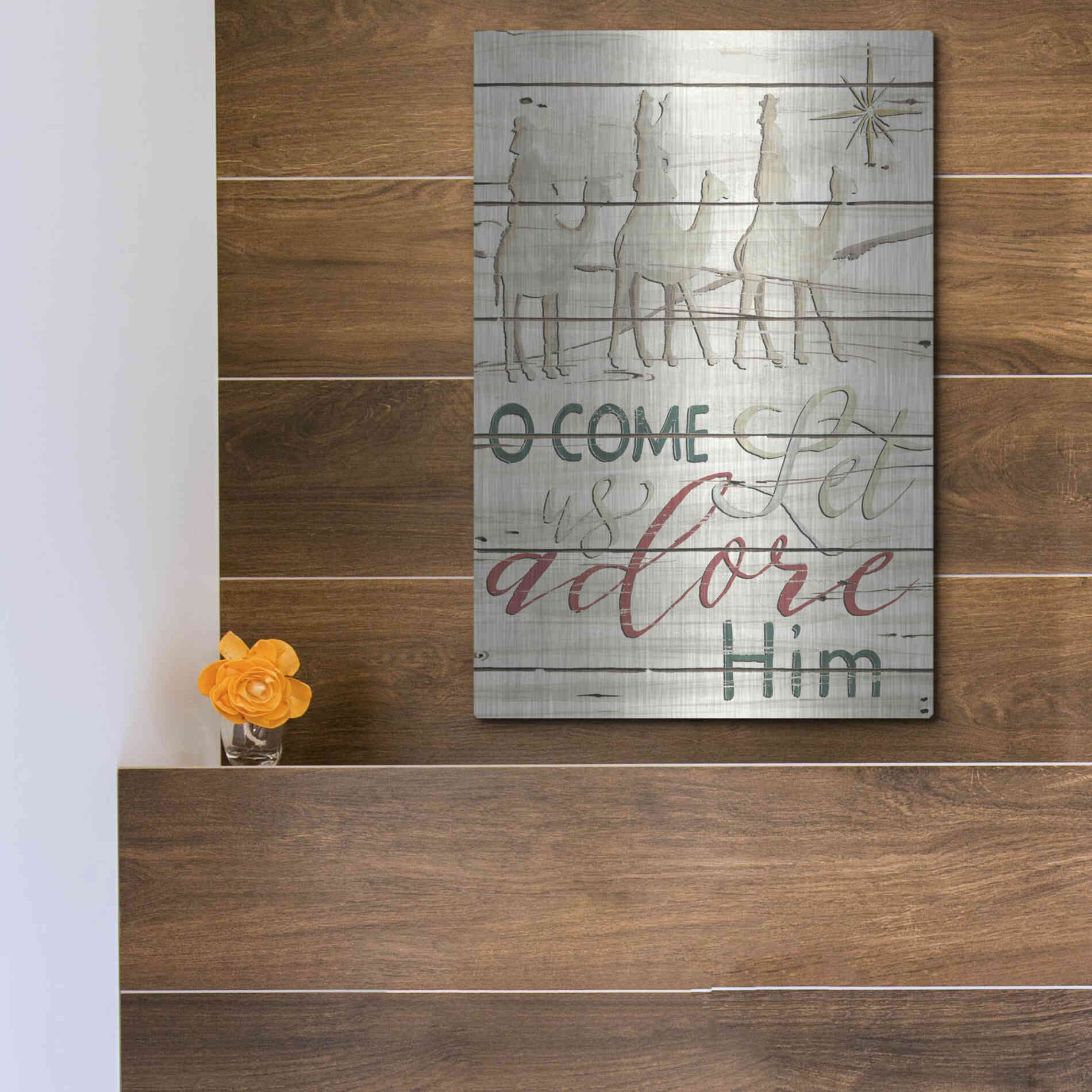 Luxe Metal Art 'Come Let Us Adore Him Shiplap' by Cindy Jacobs, Metal Wall Art,12x16