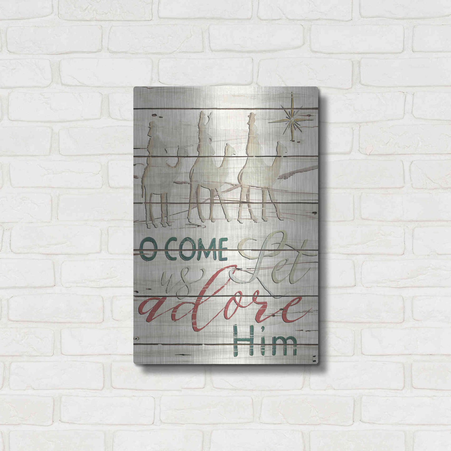 Luxe Metal Art 'Come Let Us Adore Him Shiplap' by Cindy Jacobs, Metal Wall Art,16x24