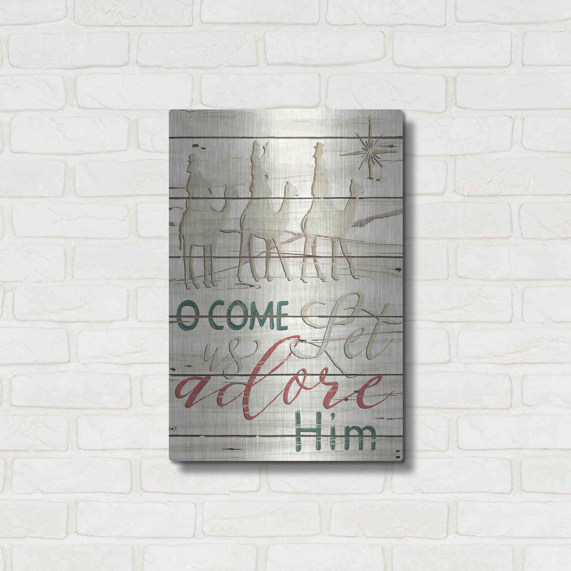 Luxe Metal Art 'Come Let Us Adore Him Shiplap' by Cindy Jacobs, Metal Wall Art,16x24