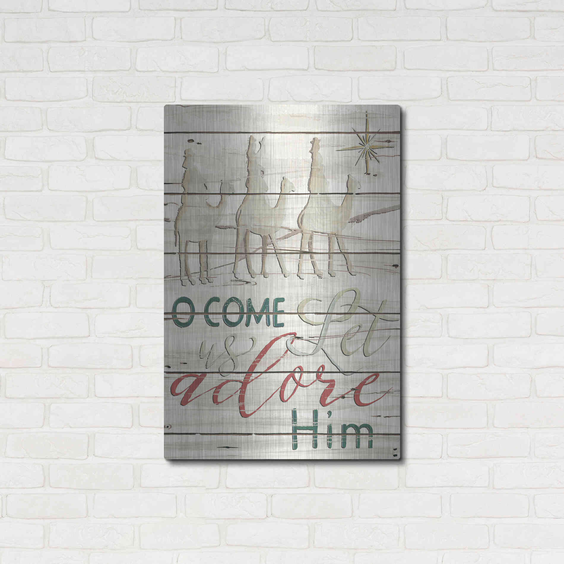 Luxe Metal Art 'Come Let Us Adore Him Shiplap' by Cindy Jacobs, Metal Wall Art,24x36