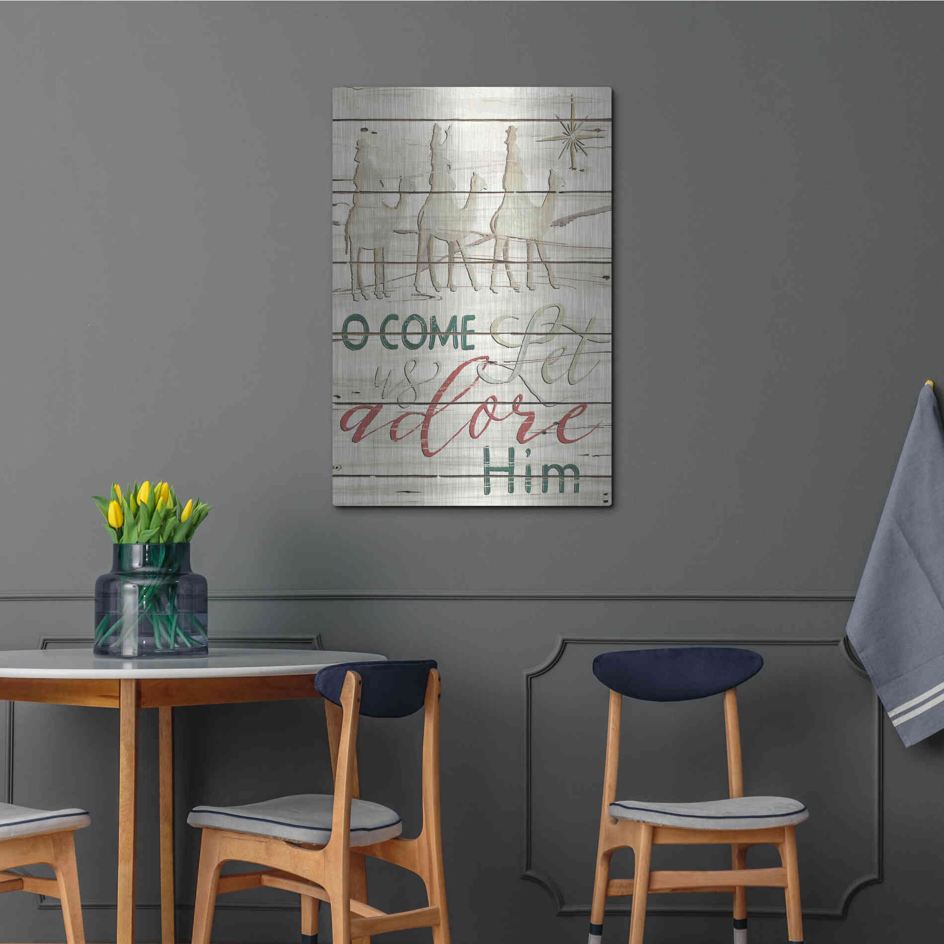 Luxe Metal Art 'Come Let Us Adore Him Shiplap' by Cindy Jacobs, Metal Wall Art,24x36
