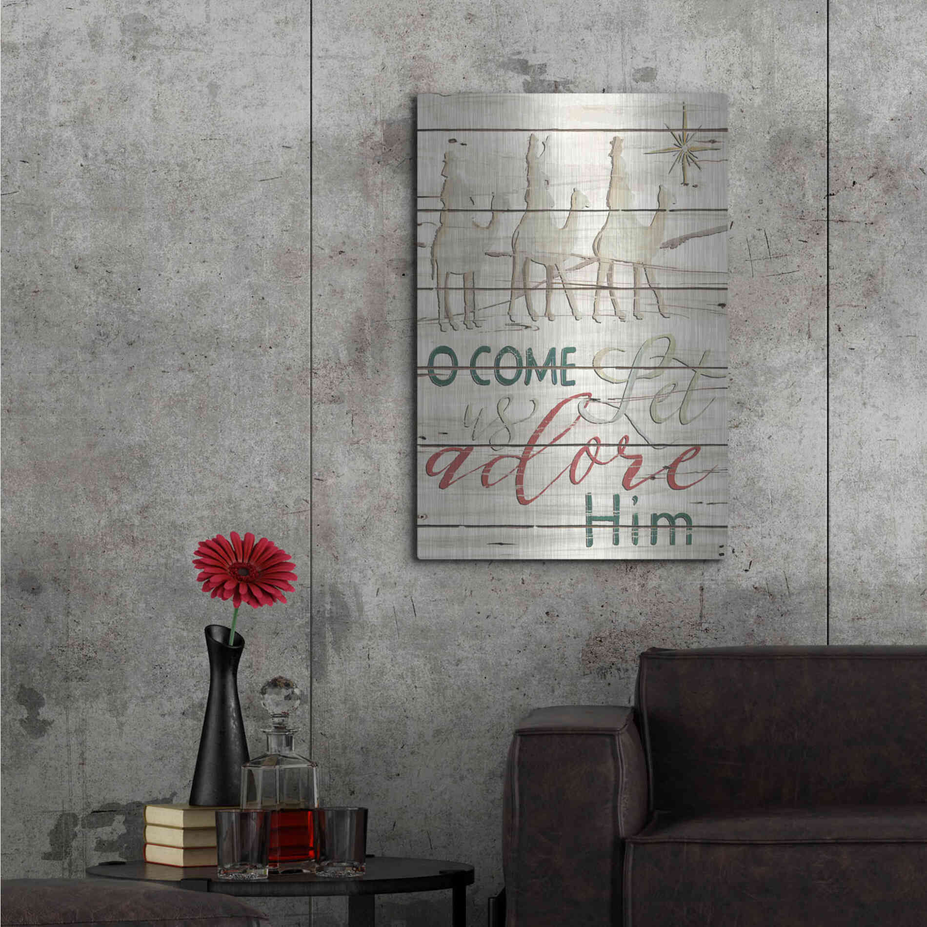 Luxe Metal Art 'Come Let Us Adore Him Shiplap' by Cindy Jacobs, Metal Wall Art,24x36
