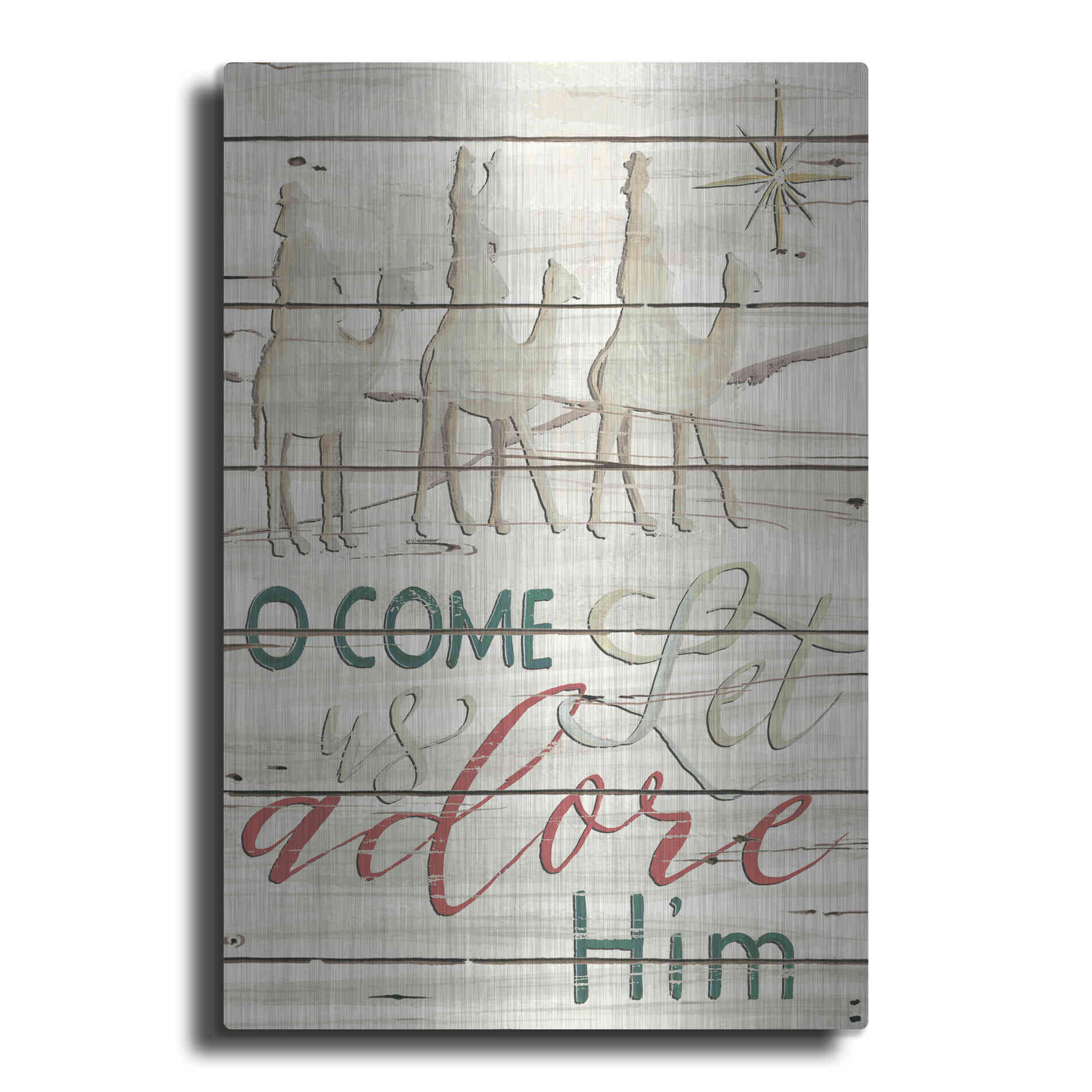 Luxe Metal Art 'Come Let Us Adore Him Shiplap' by Cindy Jacobs, Metal Wall Art