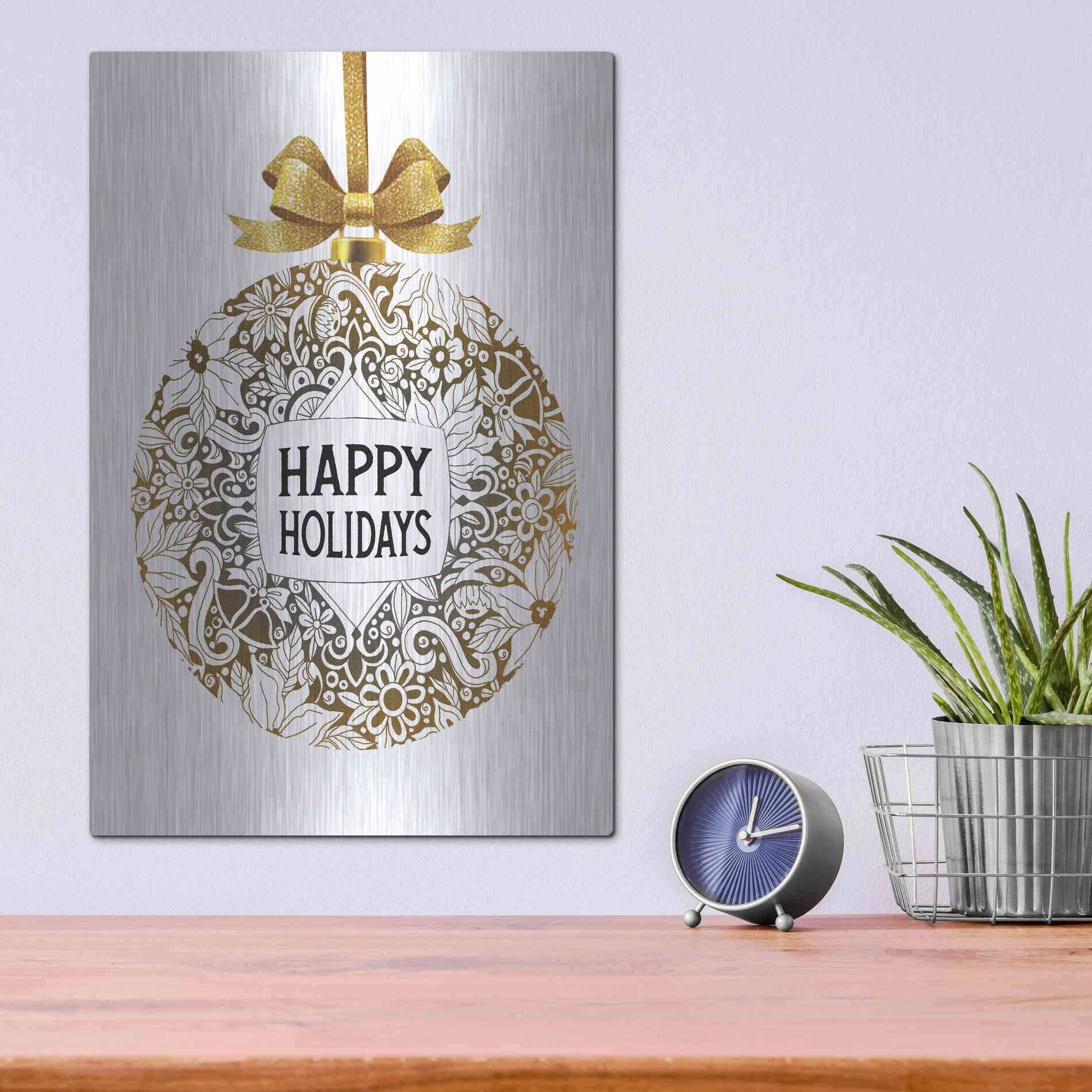 Luxe Metal Art 'Happy Holidays Ornament' by Cindy Jacobs, Metal Wall Art,12x16