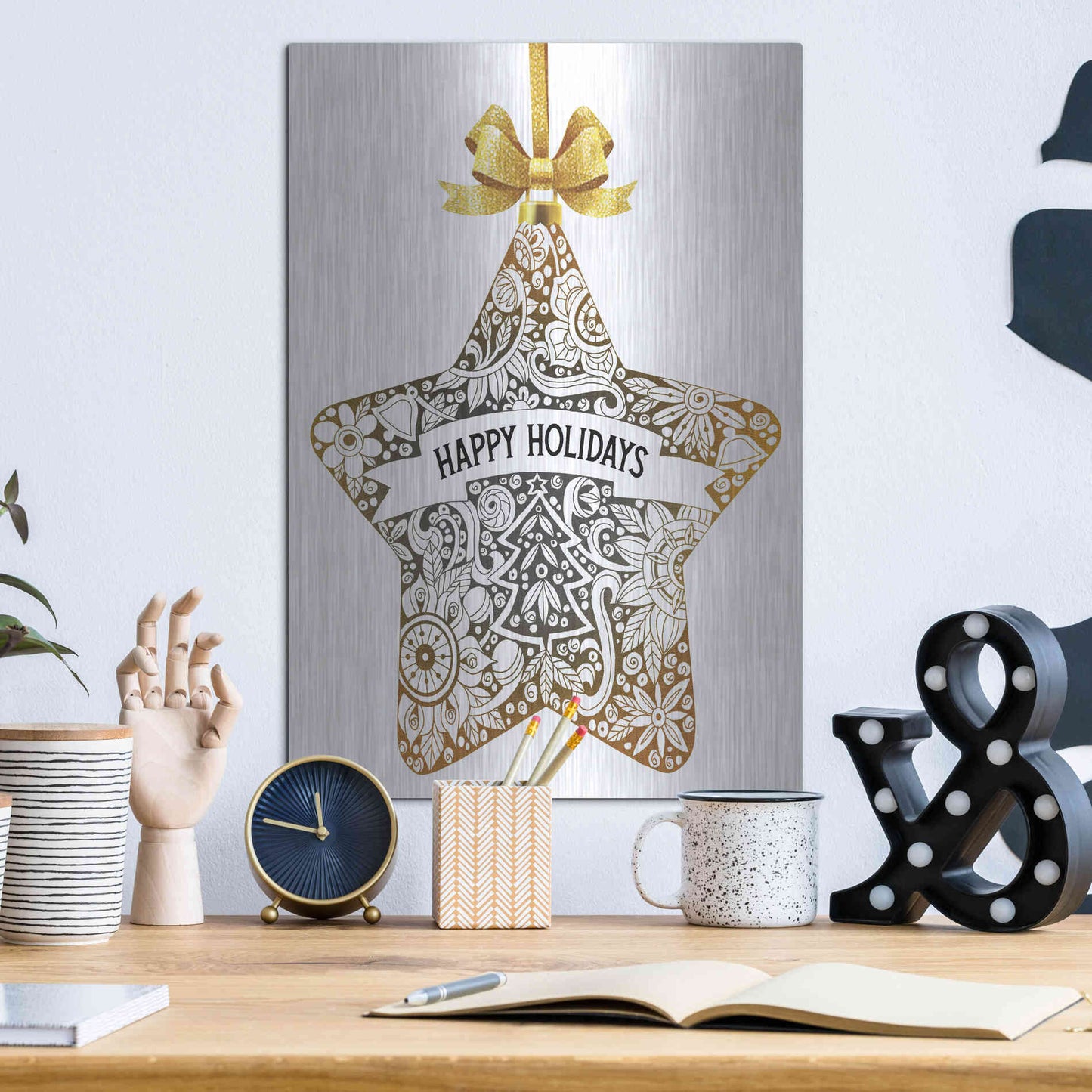 Luxe Metal Art 'Happy Holidays Star Ornament' by Cindy Jacobs, Metal Wall Art,12x16