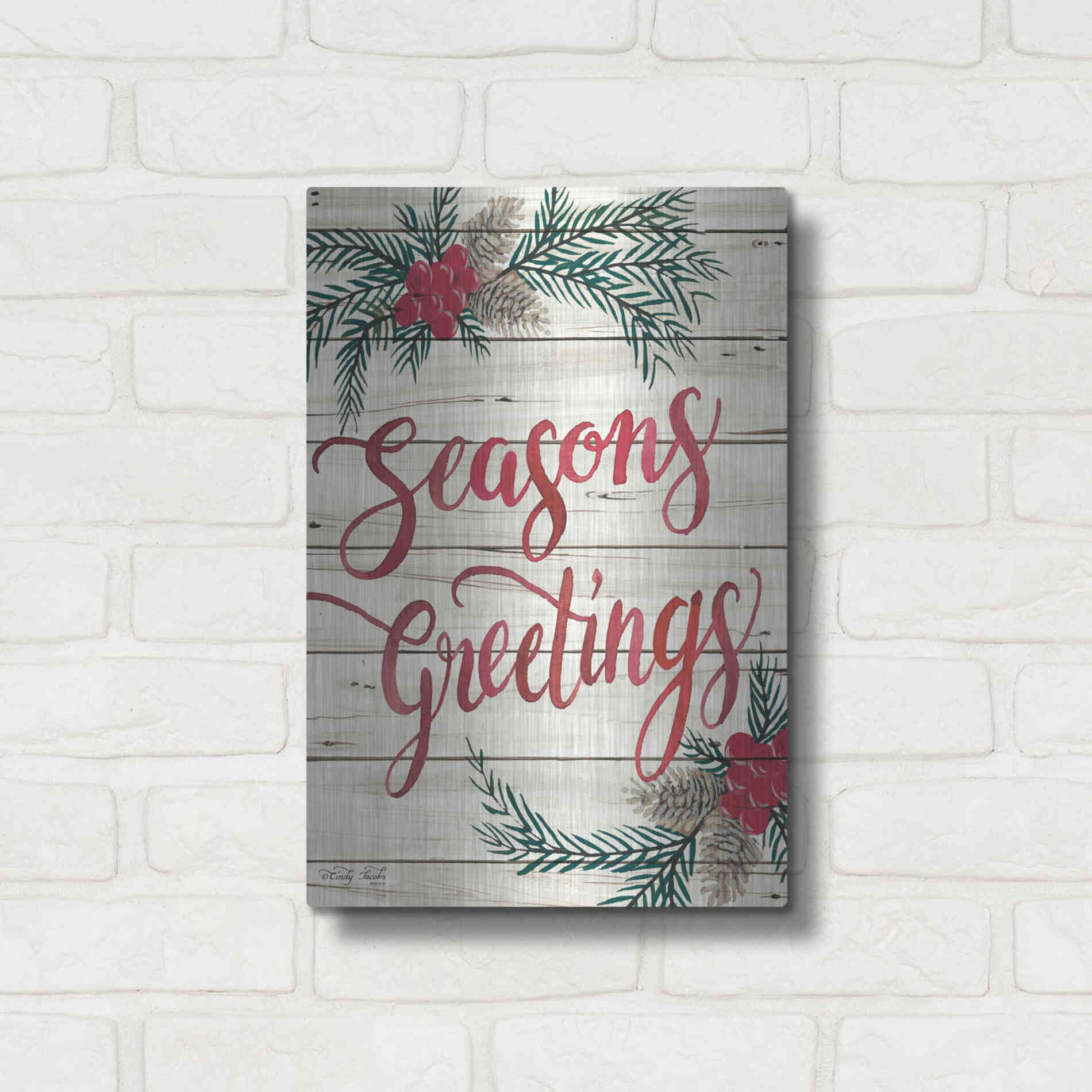 Luxe Metal Art 'Seasons Greetings' by Cindy Jacobs, Metal Wall Art,12x16