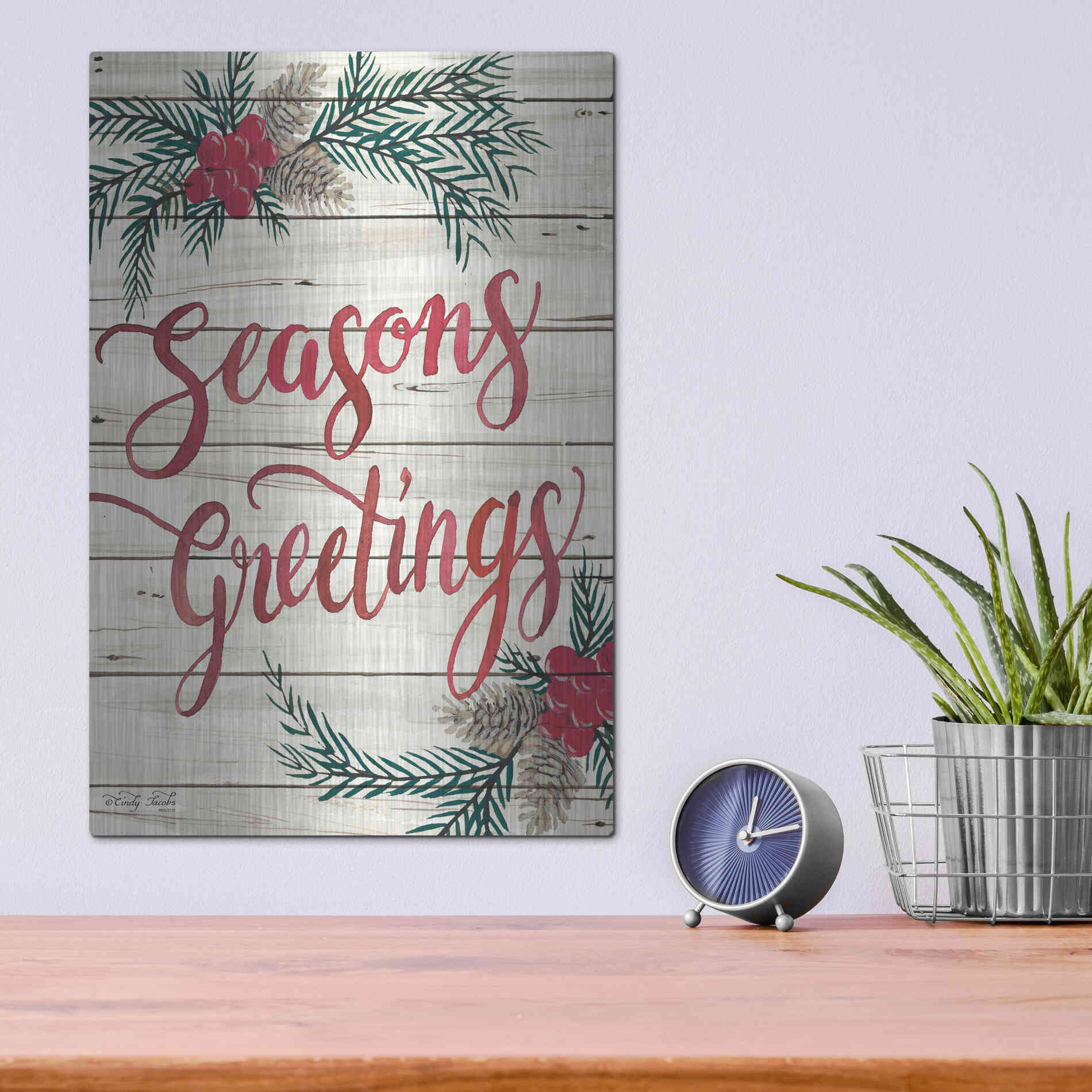 Luxe Metal Art 'Seasons Greetings' by Cindy Jacobs, Metal Wall Art,12x16
