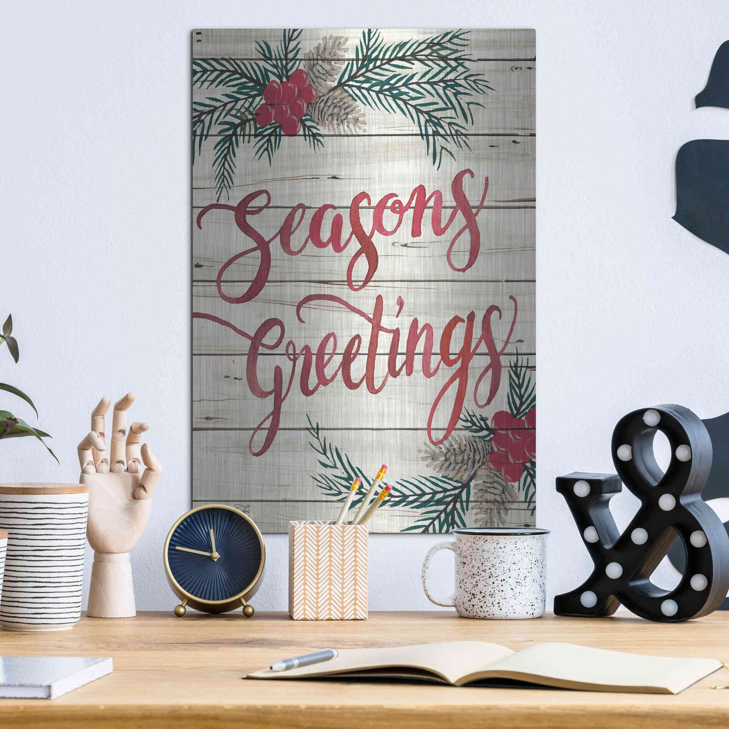 Luxe Metal Art 'Seasons Greetings' by Cindy Jacobs, Metal Wall Art,12x16