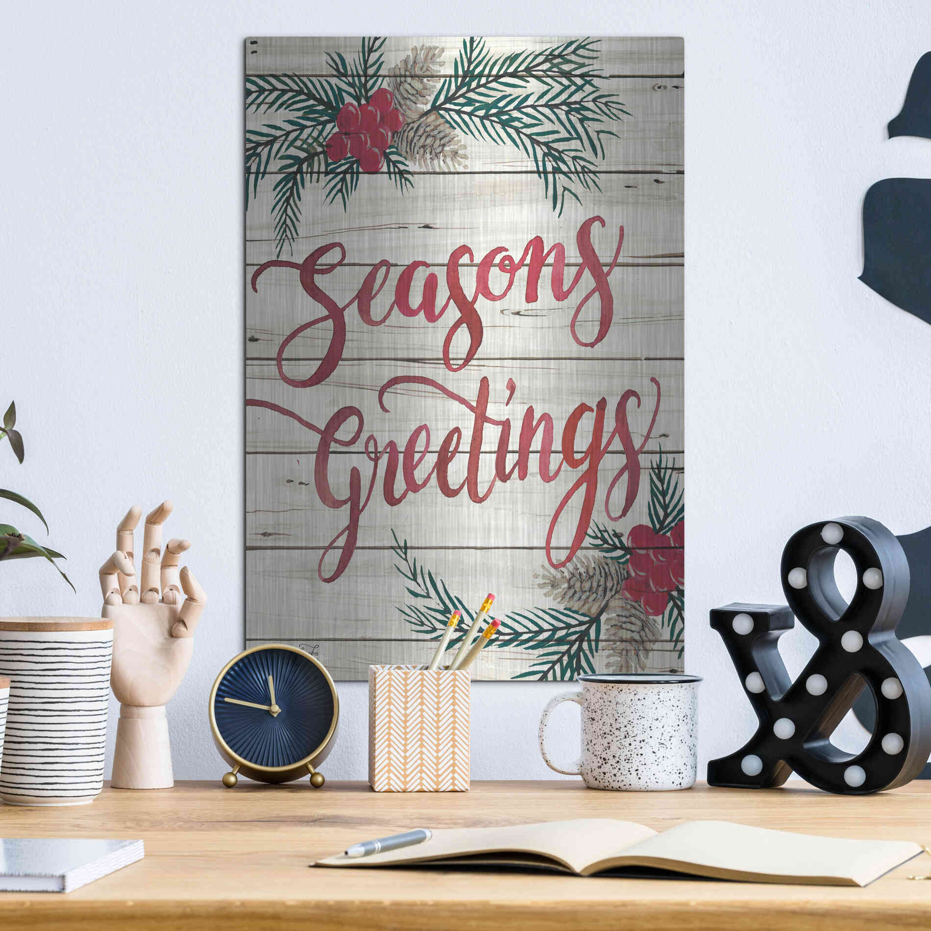 Luxe Metal Art 'Seasons Greetings' by Cindy Jacobs, Metal Wall Art,12x16