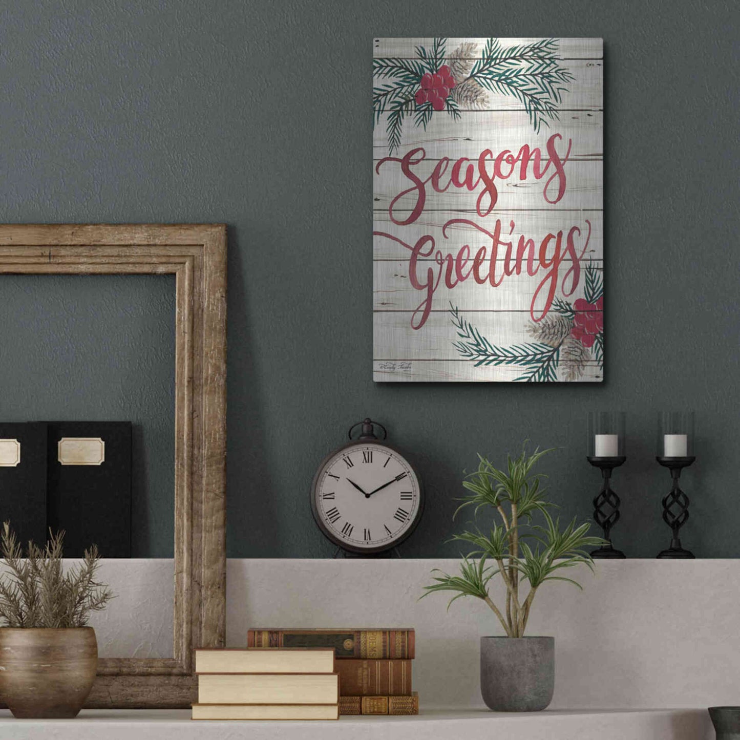 Luxe Metal Art 'Seasons Greetings' by Cindy Jacobs, Metal Wall Art,12x16