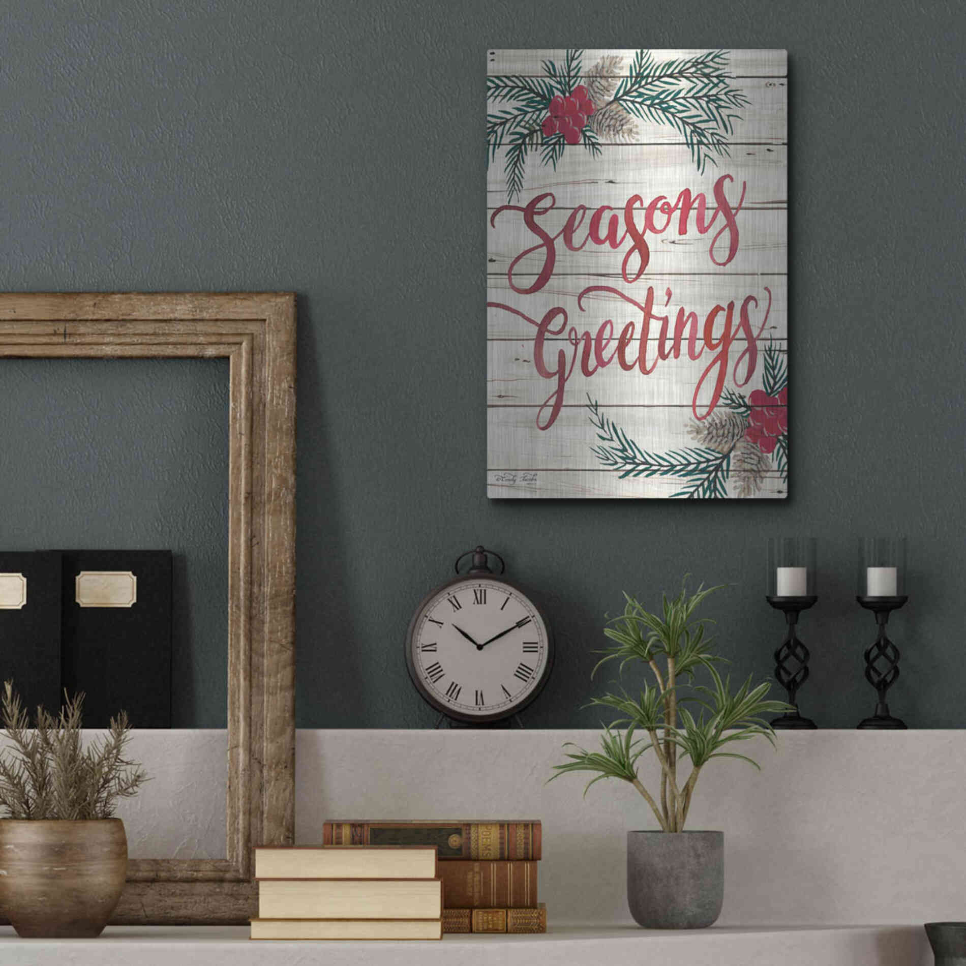 Luxe Metal Art 'Seasons Greetings' by Cindy Jacobs, Metal Wall Art,12x16