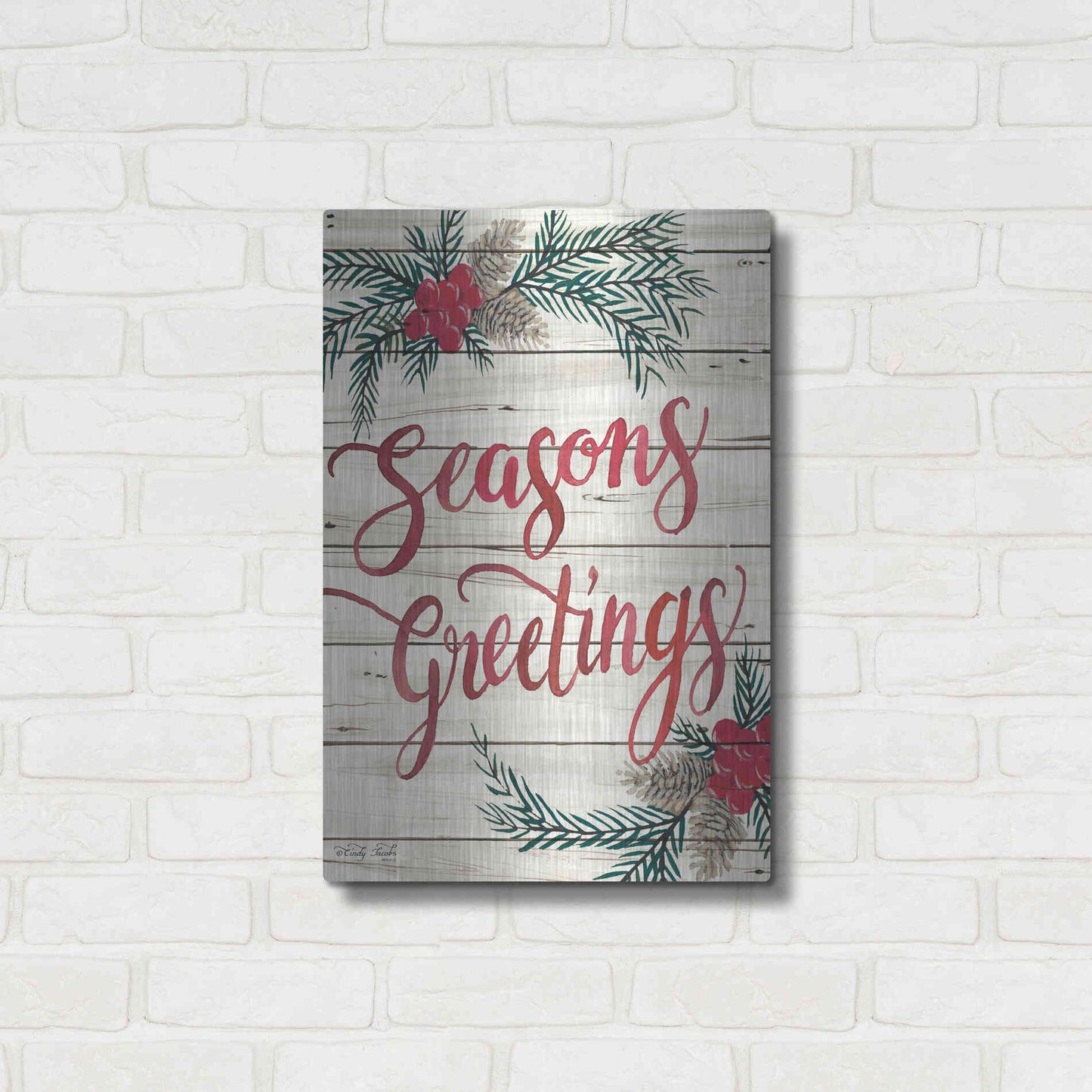 Luxe Metal Art 'Seasons Greetings' by Cindy Jacobs, Metal Wall Art,16x24