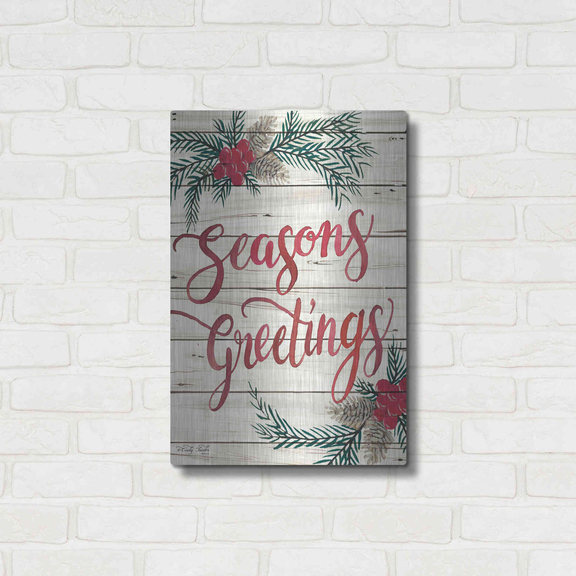 Luxe Metal Art 'Seasons Greetings' by Cindy Jacobs, Metal Wall Art,16x24