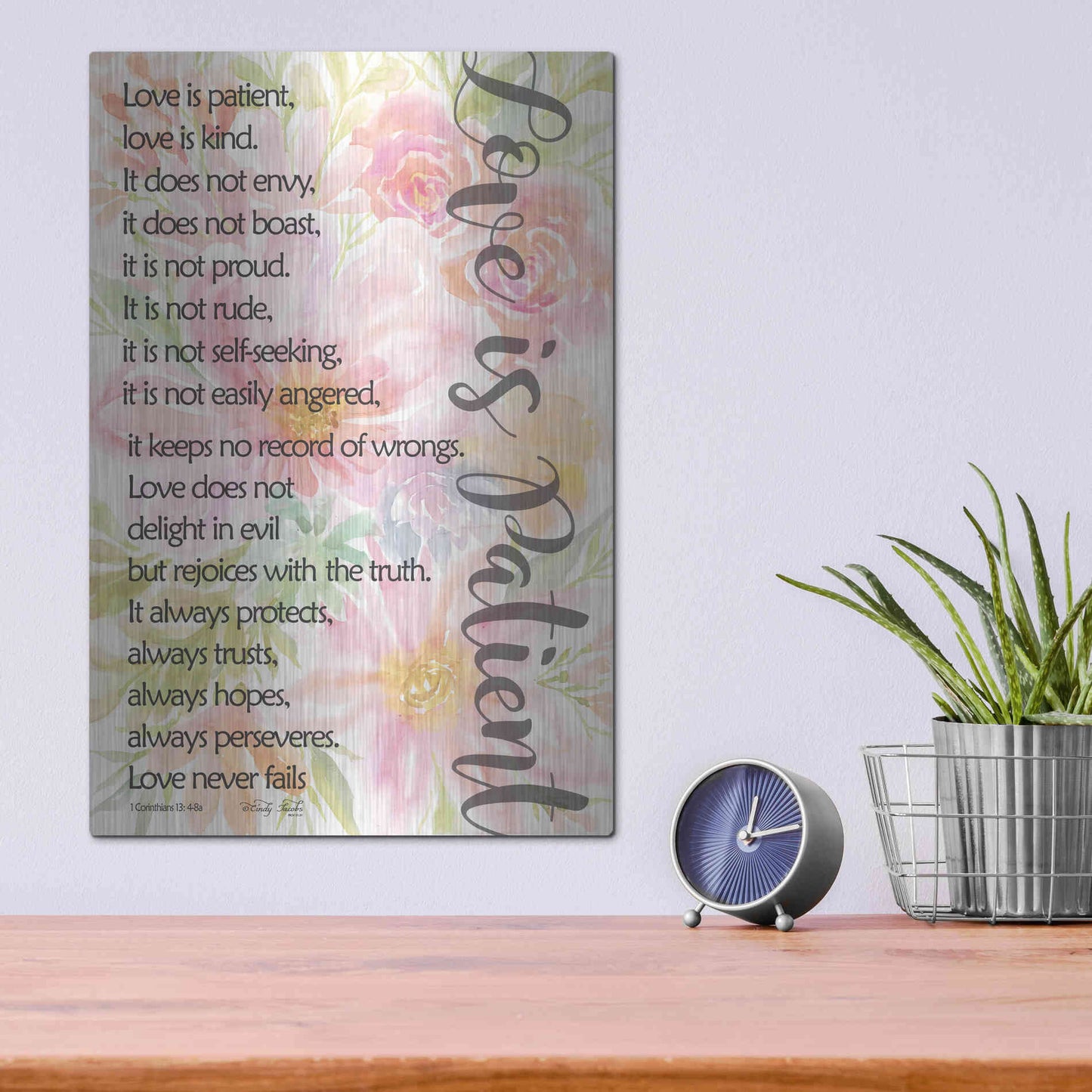 Luxe Metal Art 'Floral Love is Patient' by Cindy Jacobs, Metal Wall Art,12x16