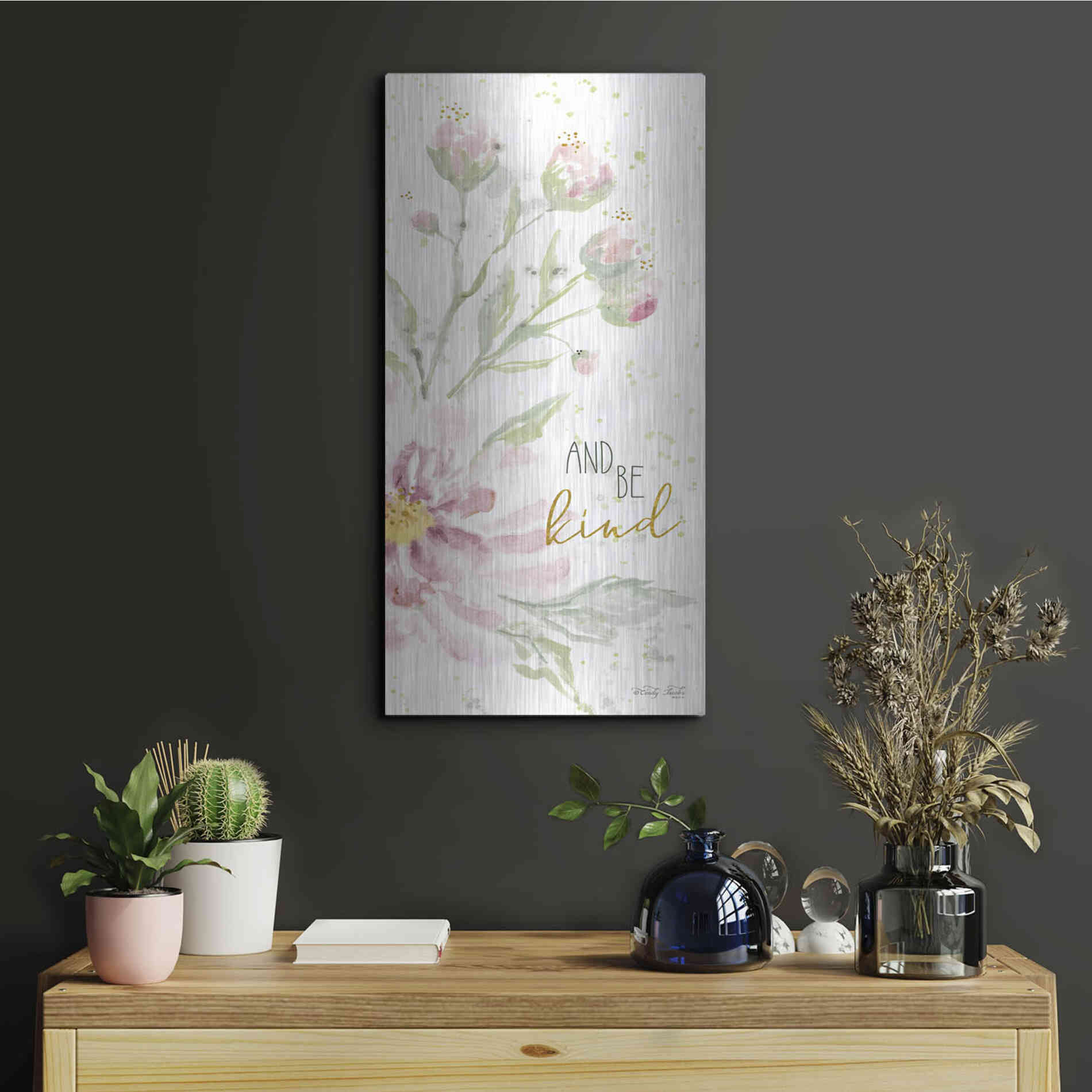 Luxe Metal Art 'Floral Be Kind' by Cindy Jacobs, Metal Wall Art,12x24