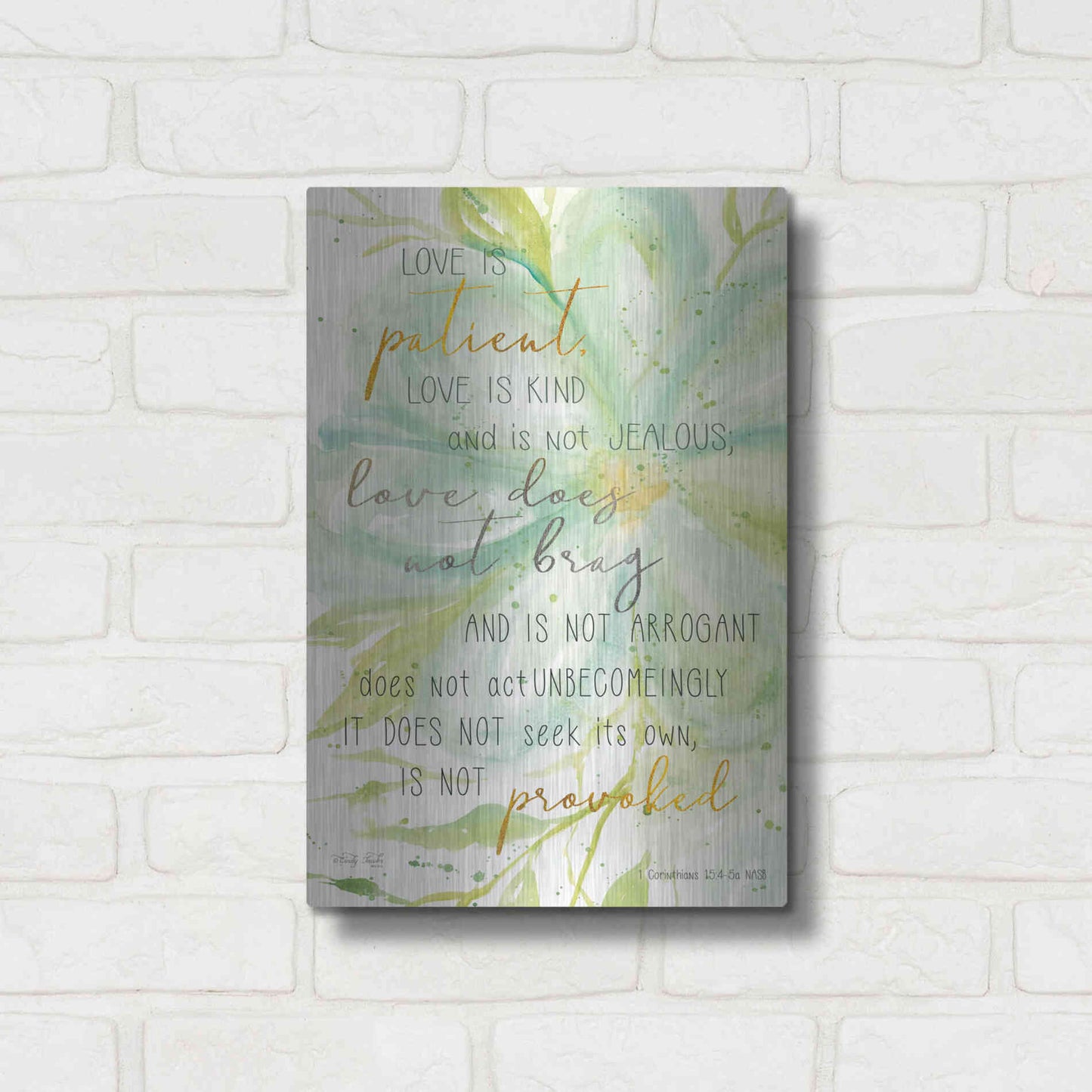 Luxe Metal Art 'Teal Love is Patient' by Cindy Jacobs, Metal Wall Art,12x16