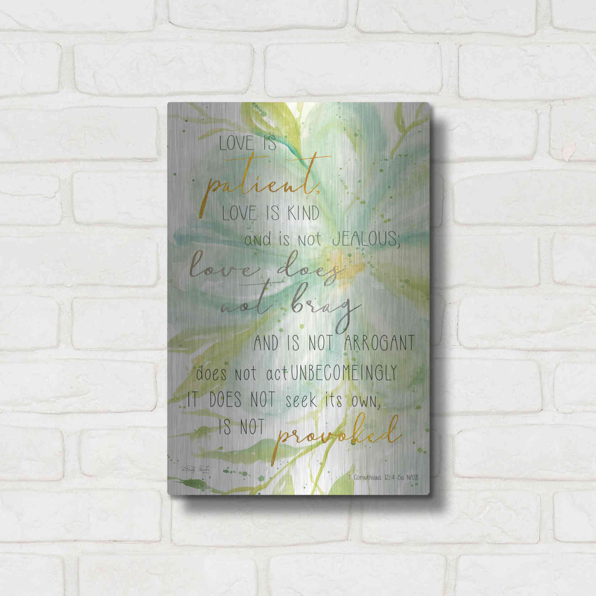 Luxe Metal Art 'Teal Love is Patient' by Cindy Jacobs, Metal Wall Art,12x16