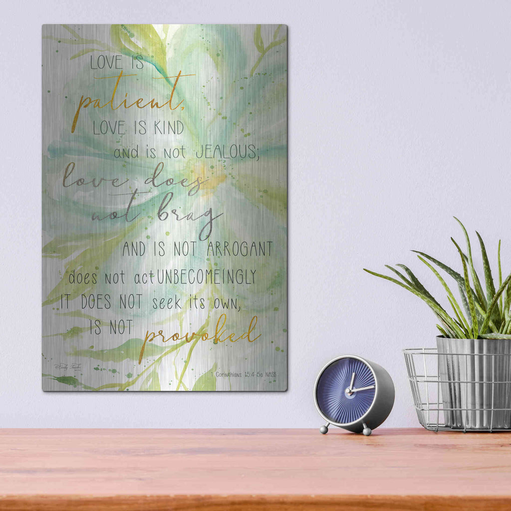 Luxe Metal Art 'Teal Love is Patient' by Cindy Jacobs, Metal Wall Art,12x16
