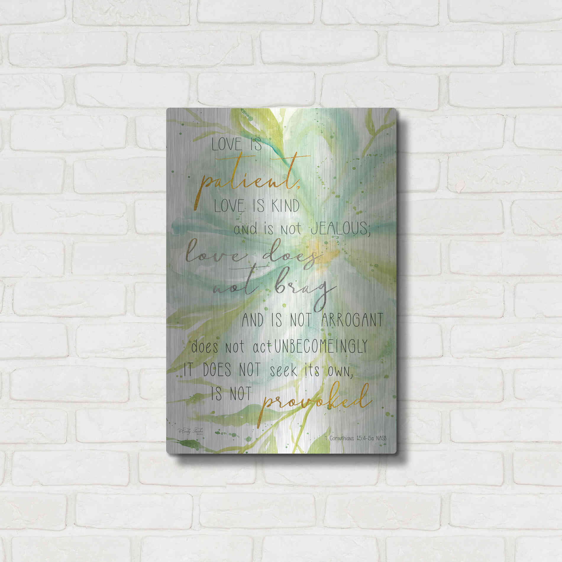 Luxe Metal Art 'Teal Love is Patient' by Cindy Jacobs, Metal Wall Art,16x24