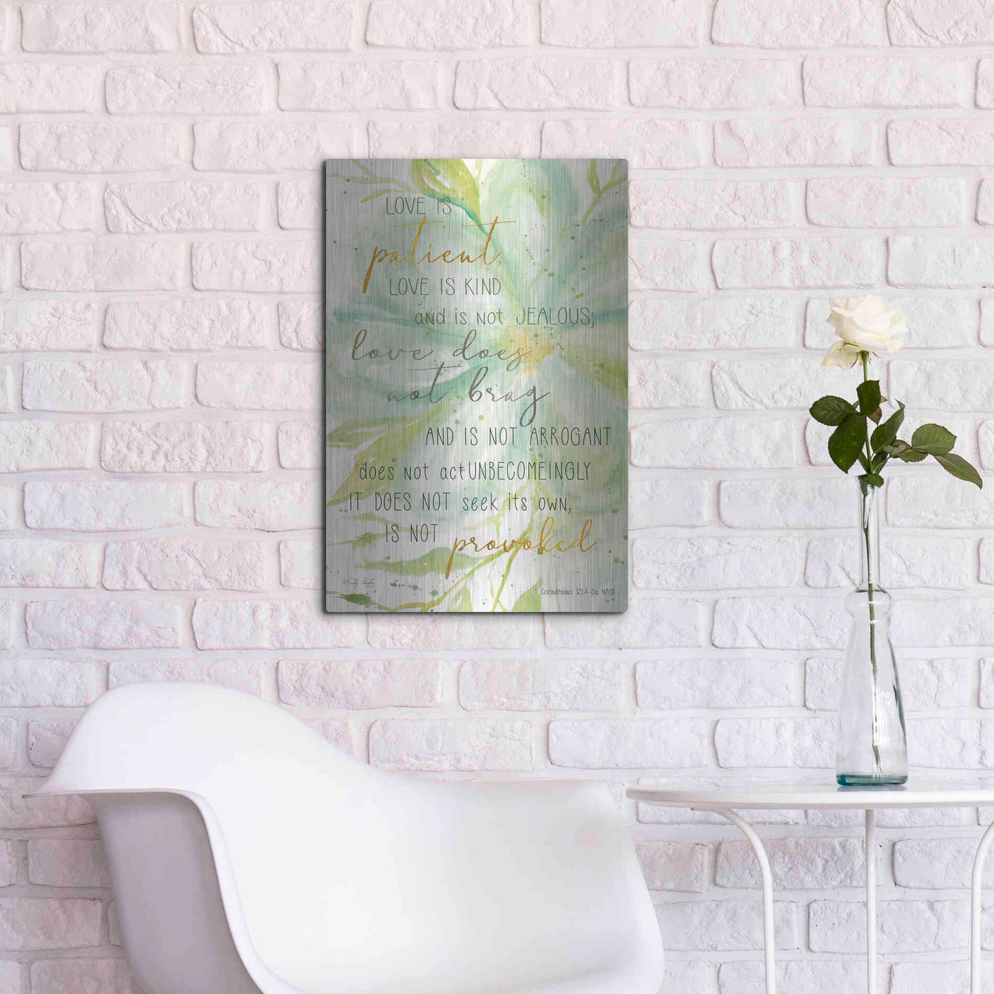 Luxe Metal Art 'Teal Love is Patient' by Cindy Jacobs, Metal Wall Art,16x24