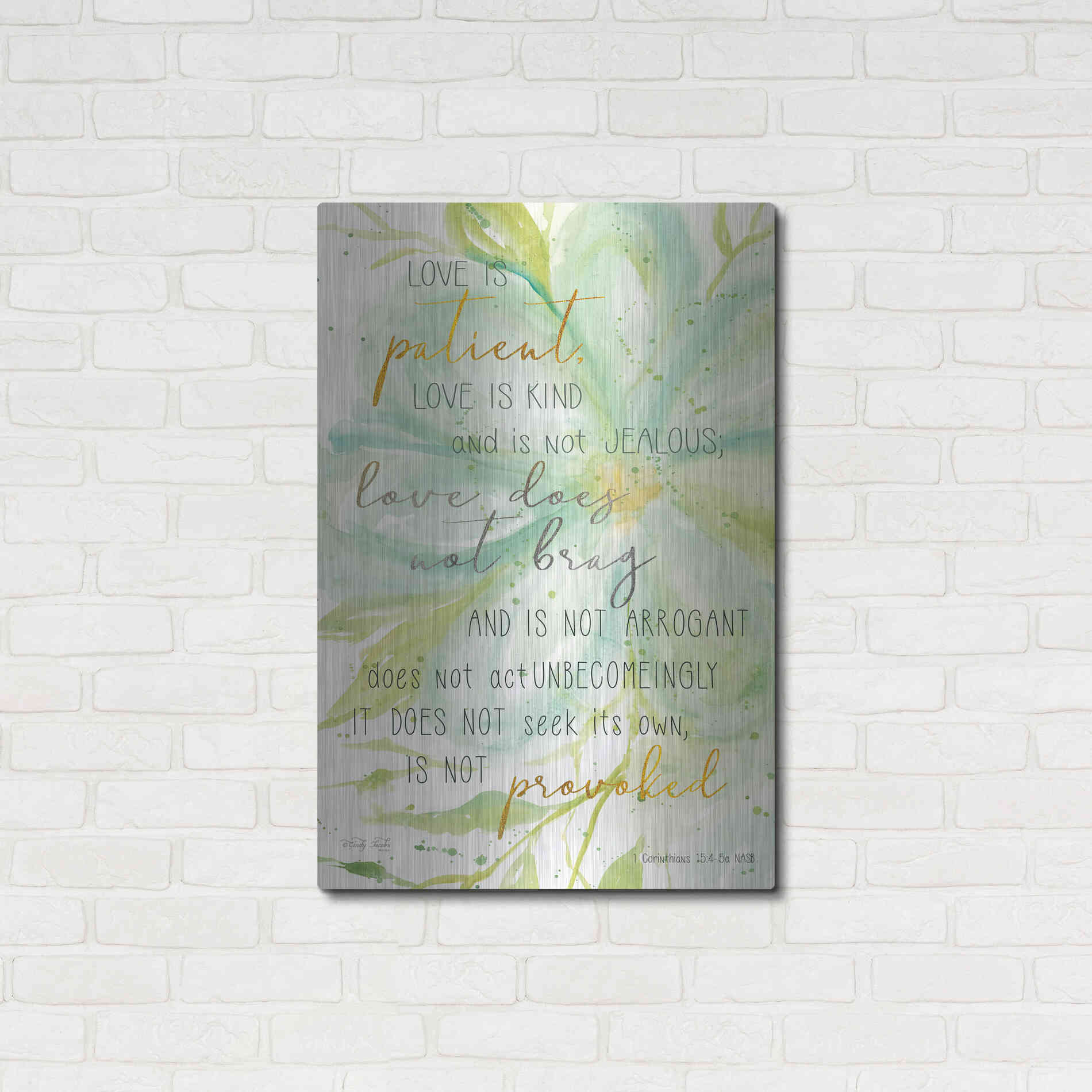 Luxe Metal Art 'Teal Love is Patient' by Cindy Jacobs, Metal Wall Art,24x36