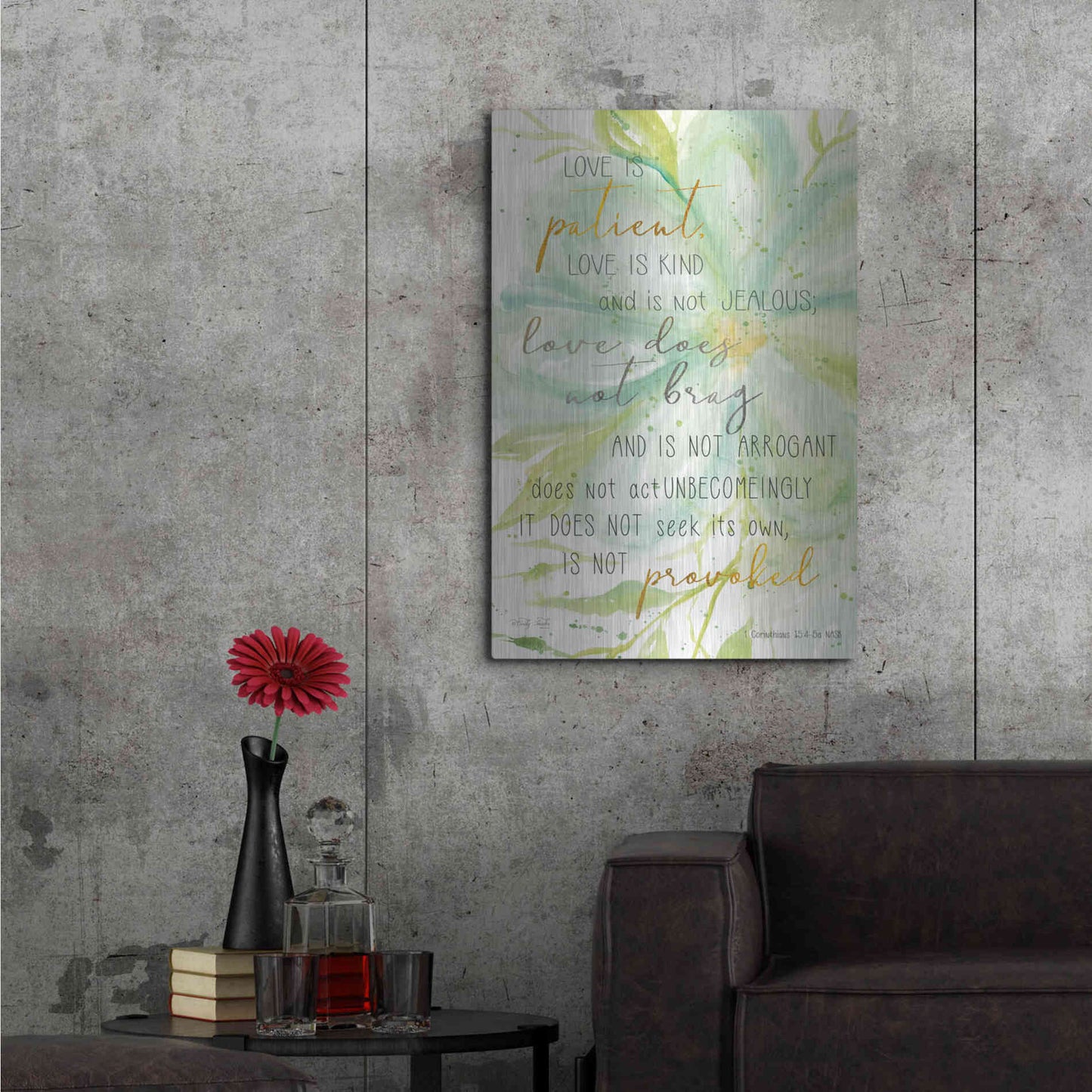 Luxe Metal Art 'Teal Love is Patient' by Cindy Jacobs, Metal Wall Art,24x36