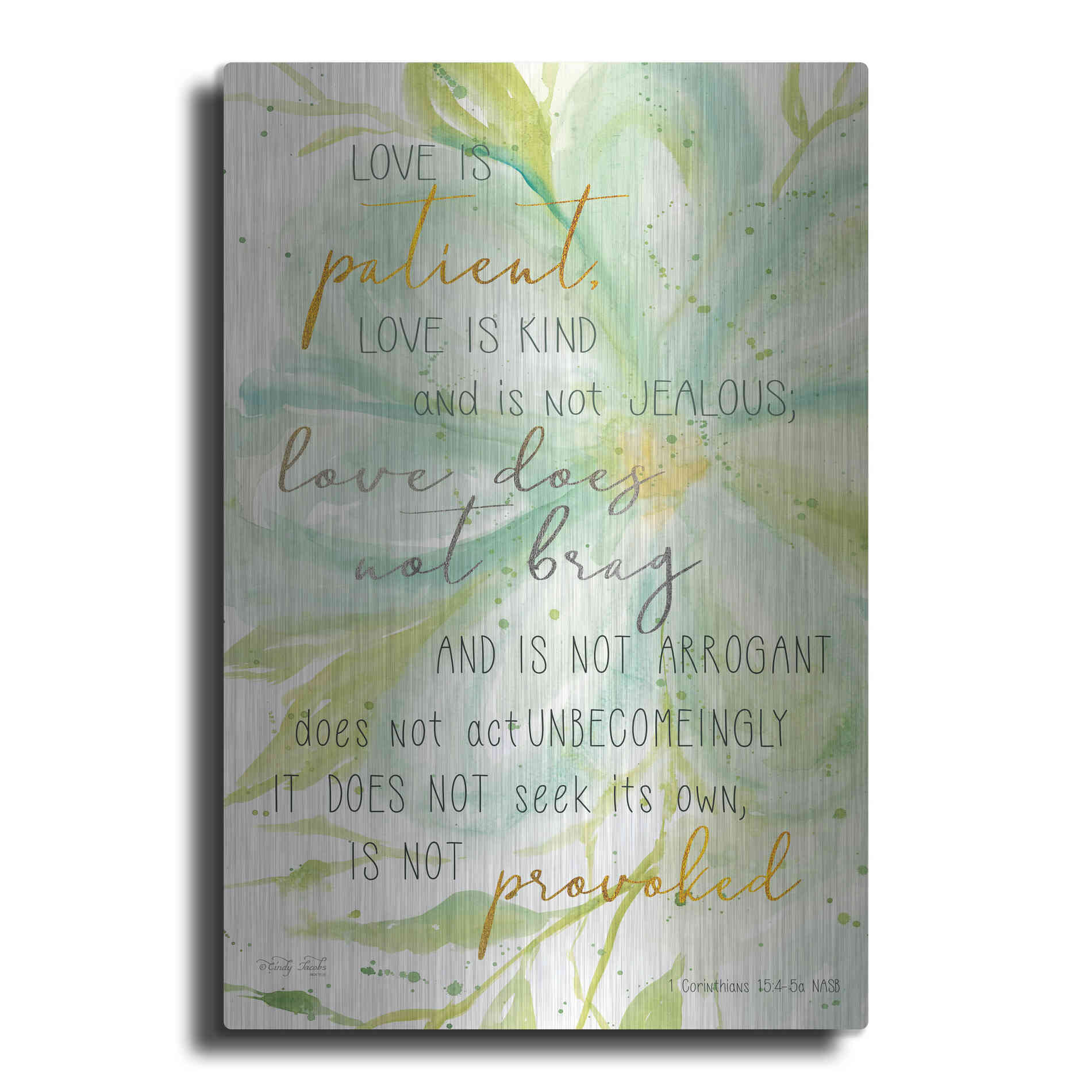 Luxe Metal Art 'Teal Love is Patient' by Cindy Jacobs, Metal Wall Art