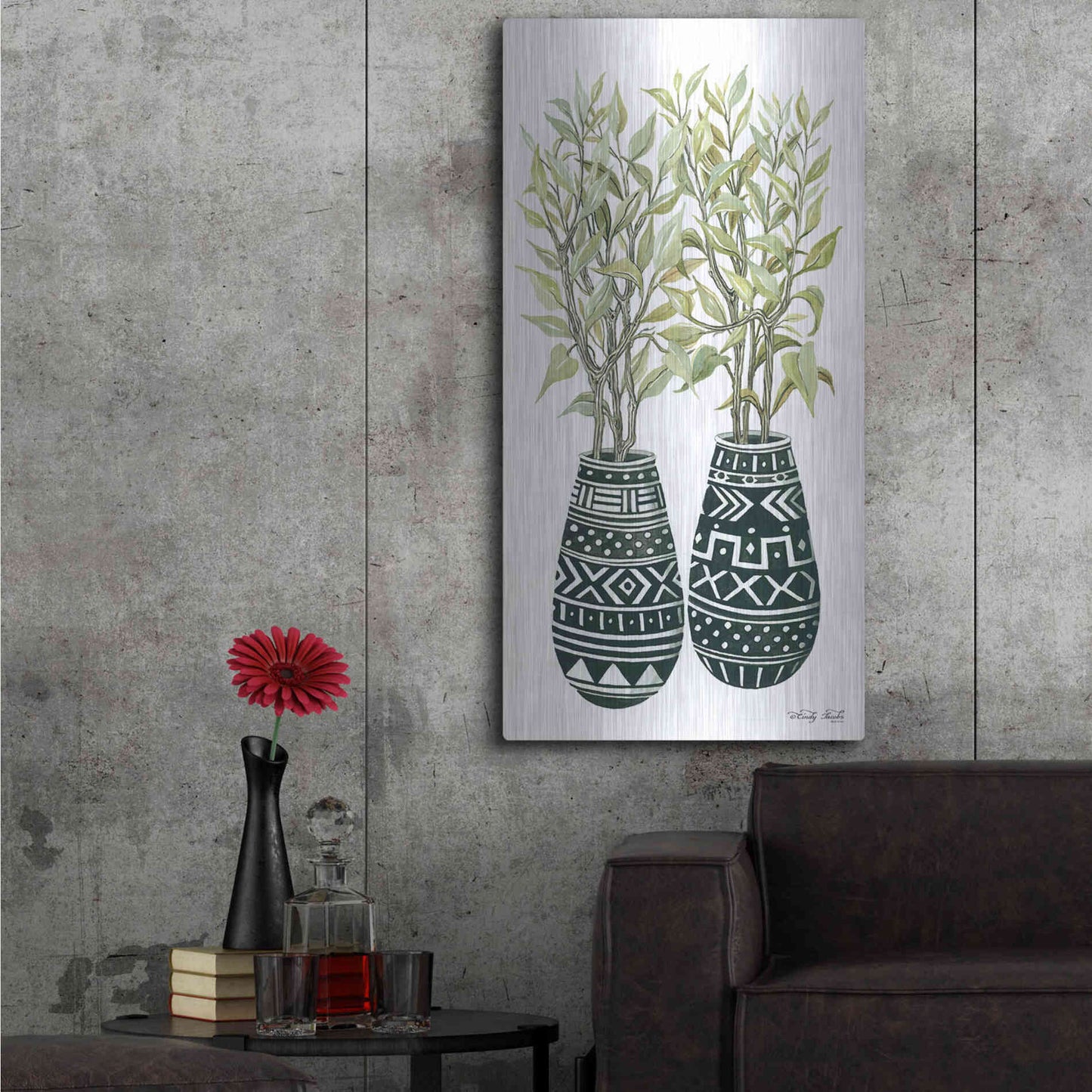 Luxe Metal Art 'Mud Cloth Vase I' by Cindy Jacobs, Metal Wall Art,24x48