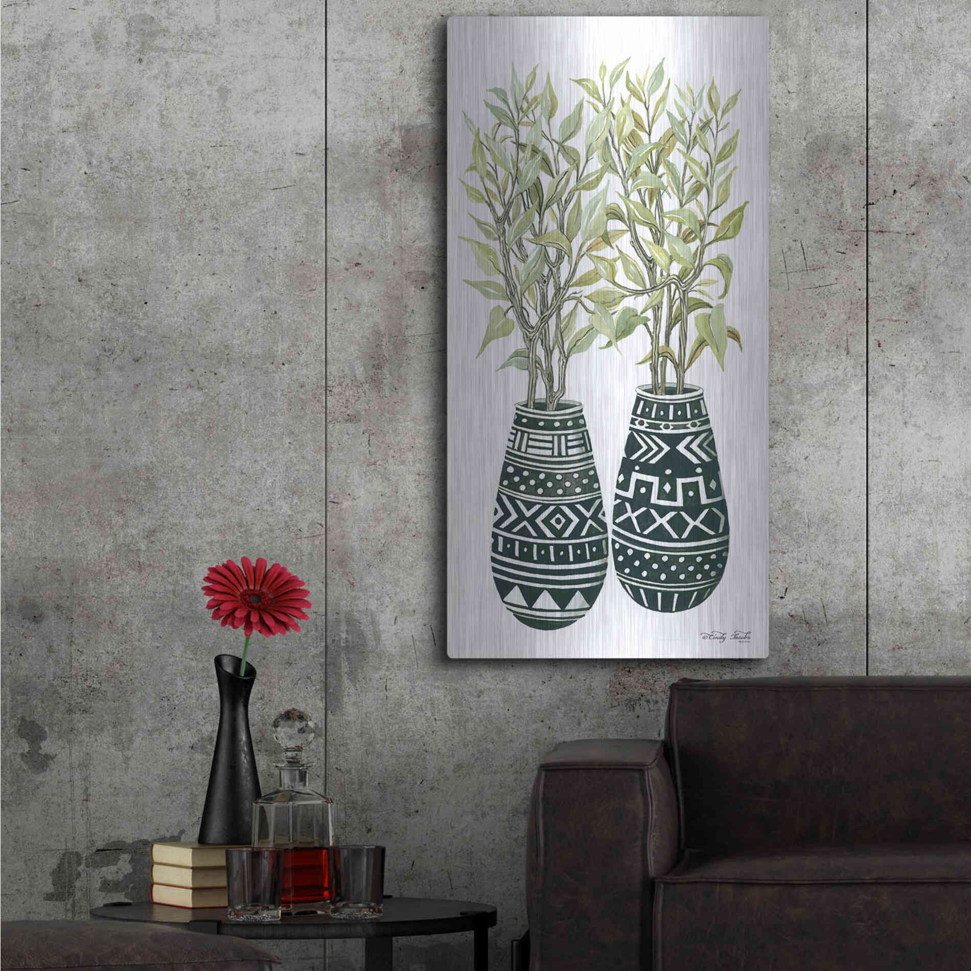 Luxe Metal Art 'Mud Cloth Vase I' by Cindy Jacobs, Metal Wall Art,24x48