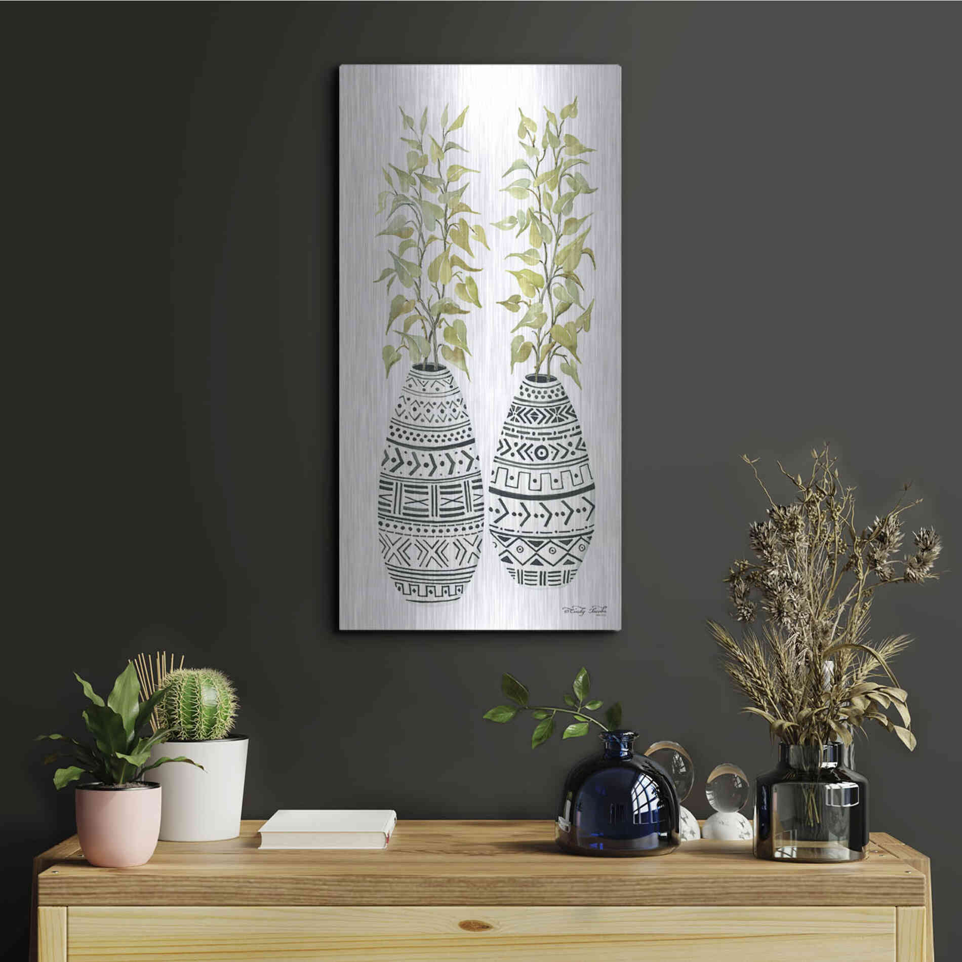Luxe Metal Art 'Mud Cloth Vase II' by Cindy Jacobs, Metal Wall Art,12x24