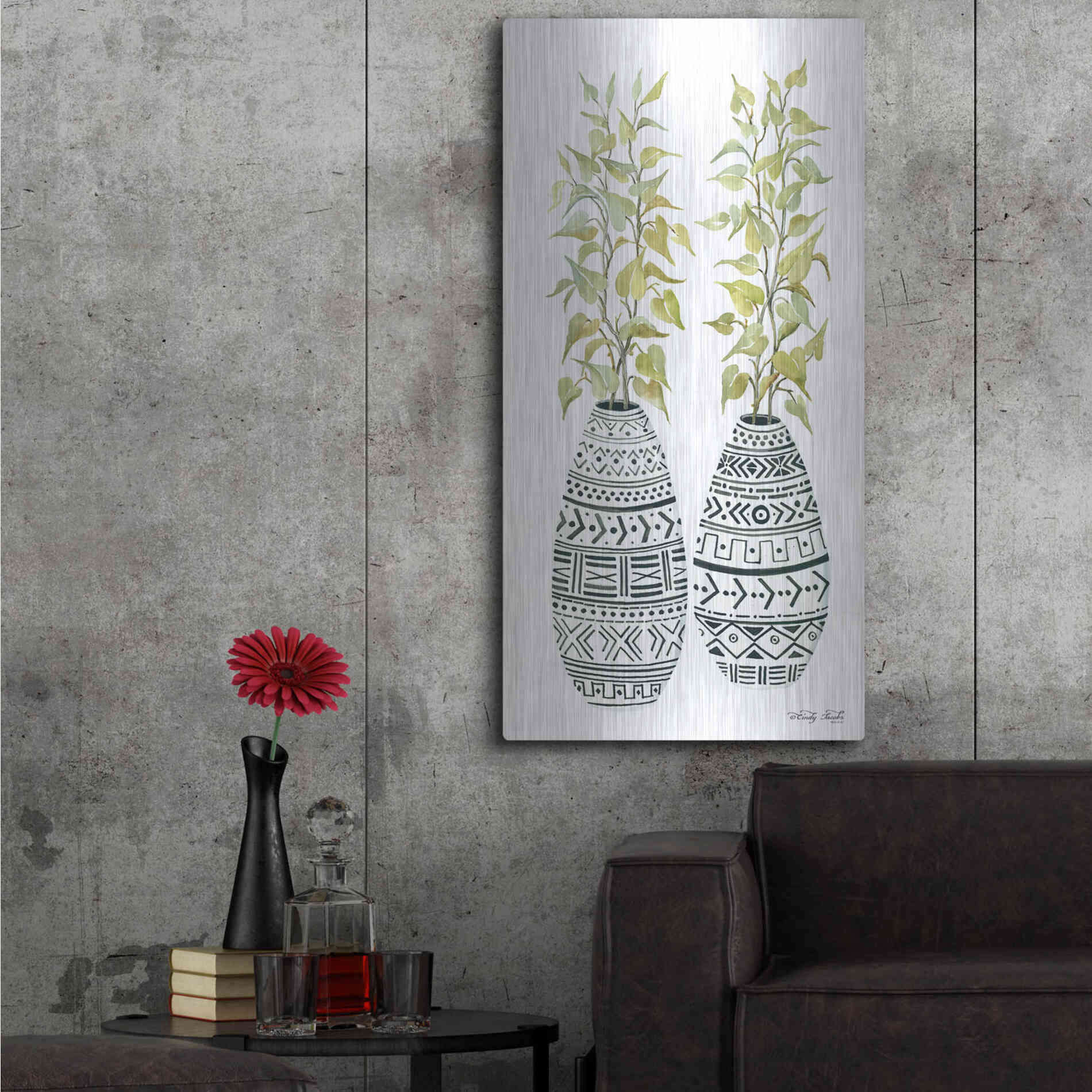 Luxe Metal Art 'Mud Cloth Vase II' by Cindy Jacobs, Metal Wall Art,24x48