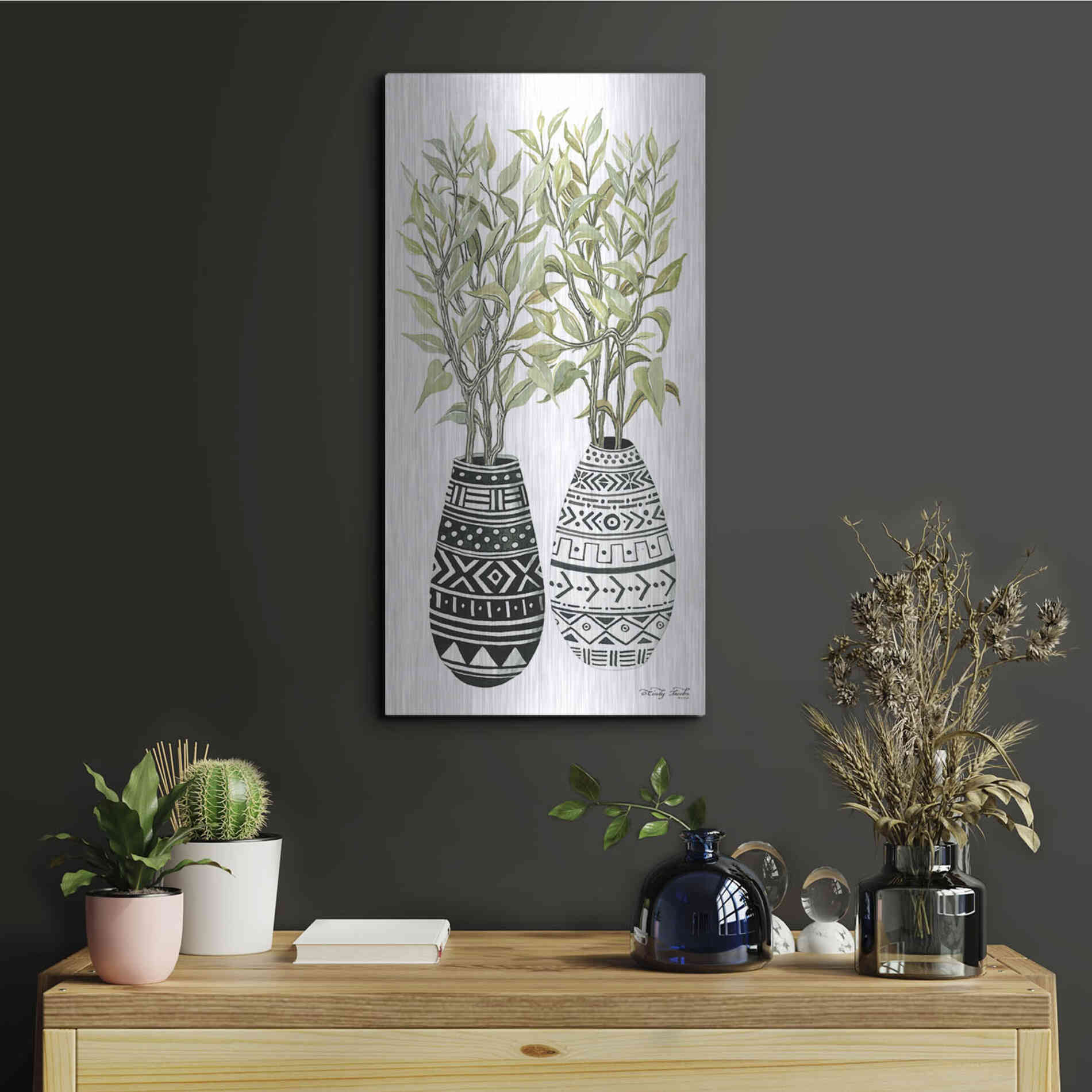 Luxe Metal Art 'Mud Cloth Vase III' by Cindy Jacobs, Metal Wall Art,12x24
