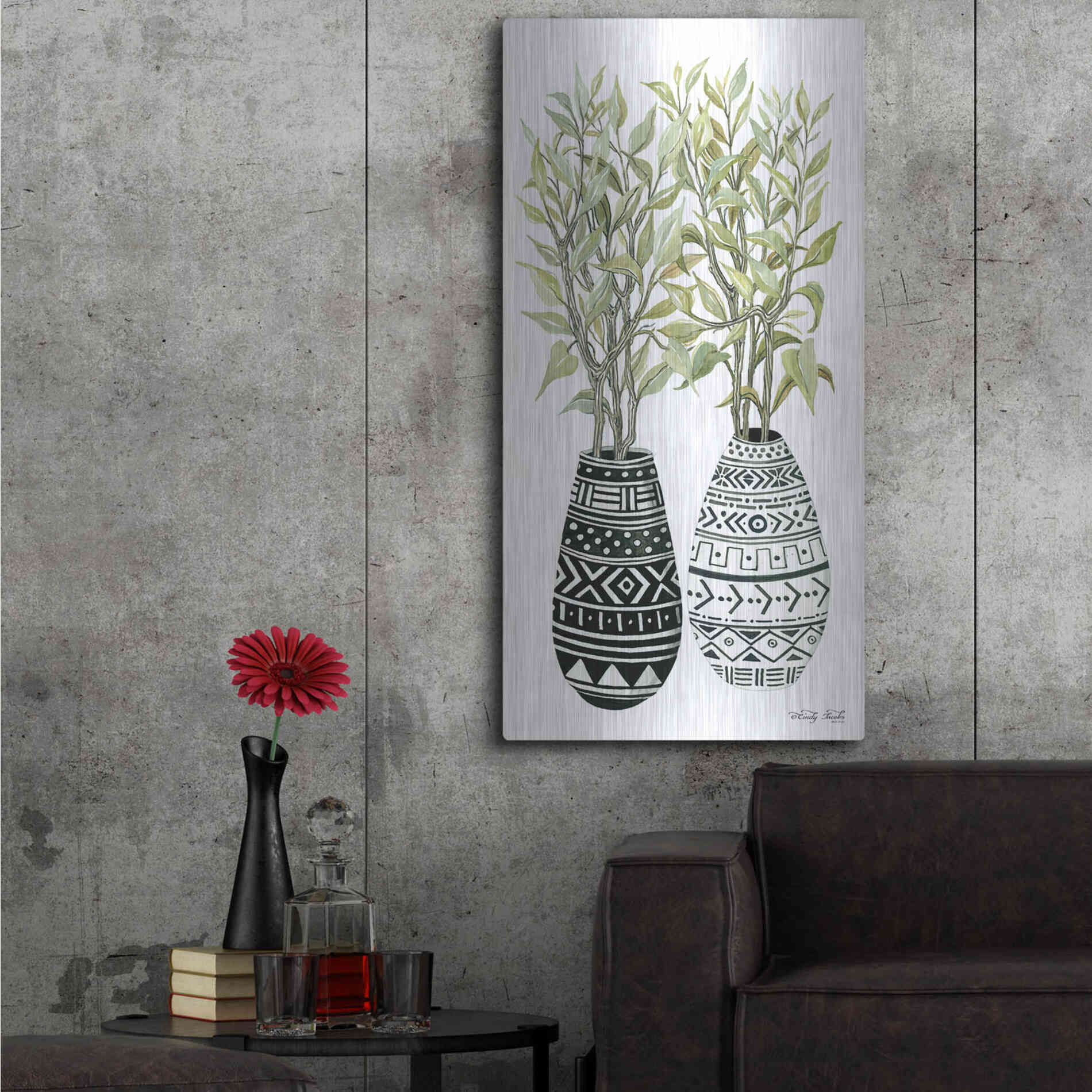 Luxe Metal Art 'Mud Cloth Vase III' by Cindy Jacobs, Metal Wall Art,24x48