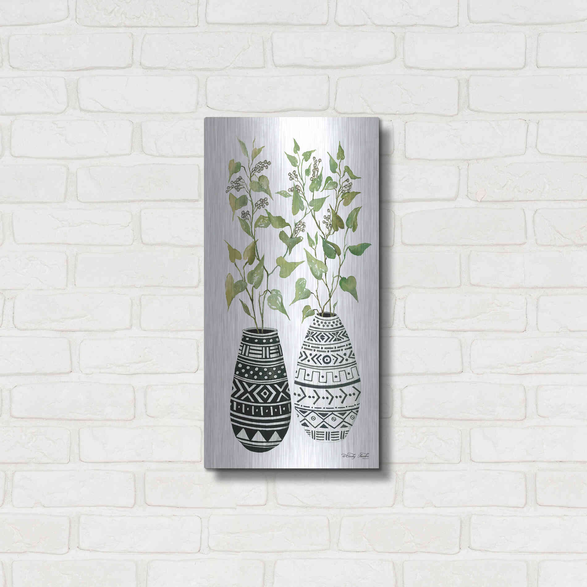 Luxe Metal Art 'Mud Cloth Vase IV' by Cindy Jacobs, Metal Wall Art,12x24