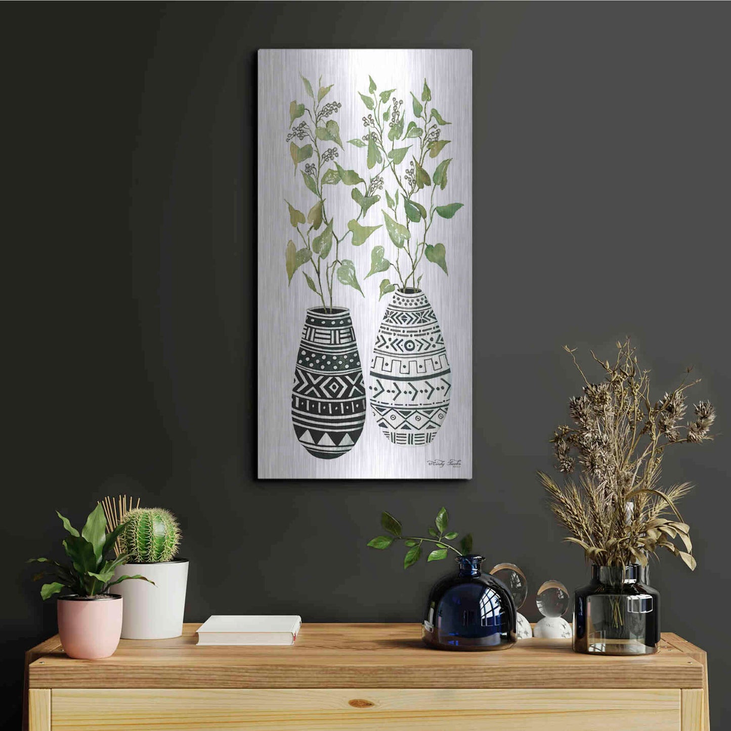 Luxe Metal Art 'Mud Cloth Vase IV' by Cindy Jacobs, Metal Wall Art,12x24