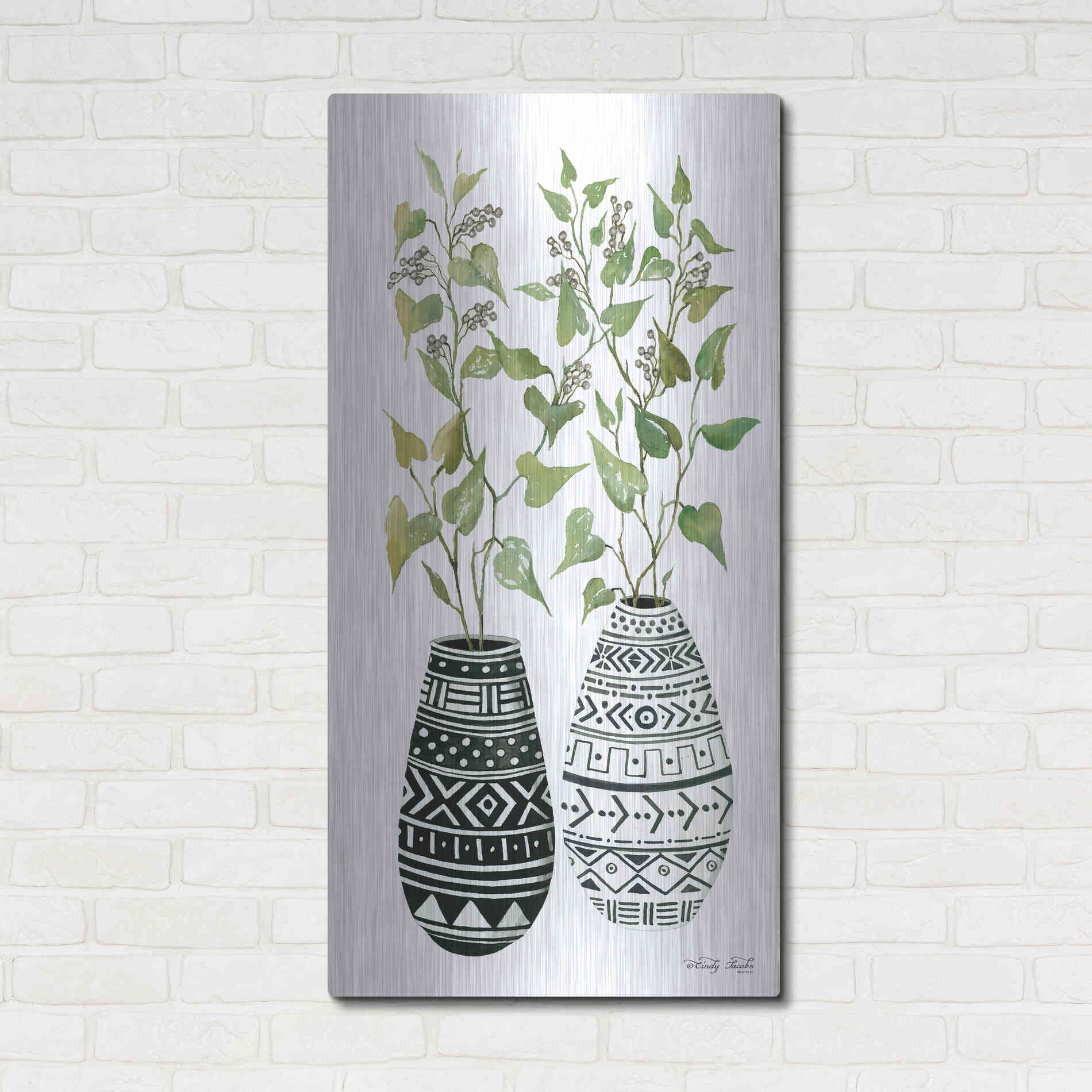 Luxe Metal Art 'Mud Cloth Vase IV' by Cindy Jacobs, Metal Wall Art,24x48