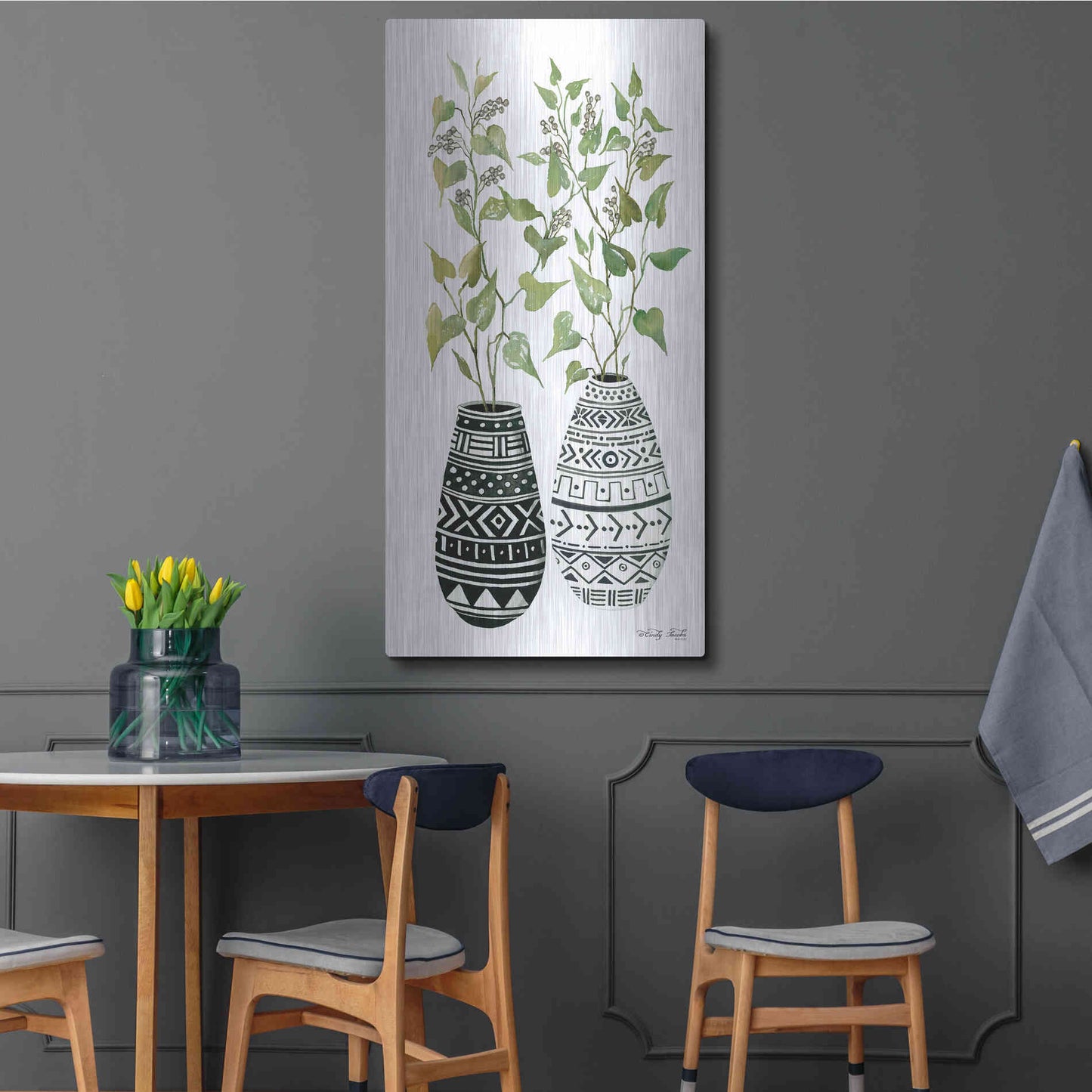 Luxe Metal Art 'Mud Cloth Vase IV' by Cindy Jacobs, Metal Wall Art,24x48