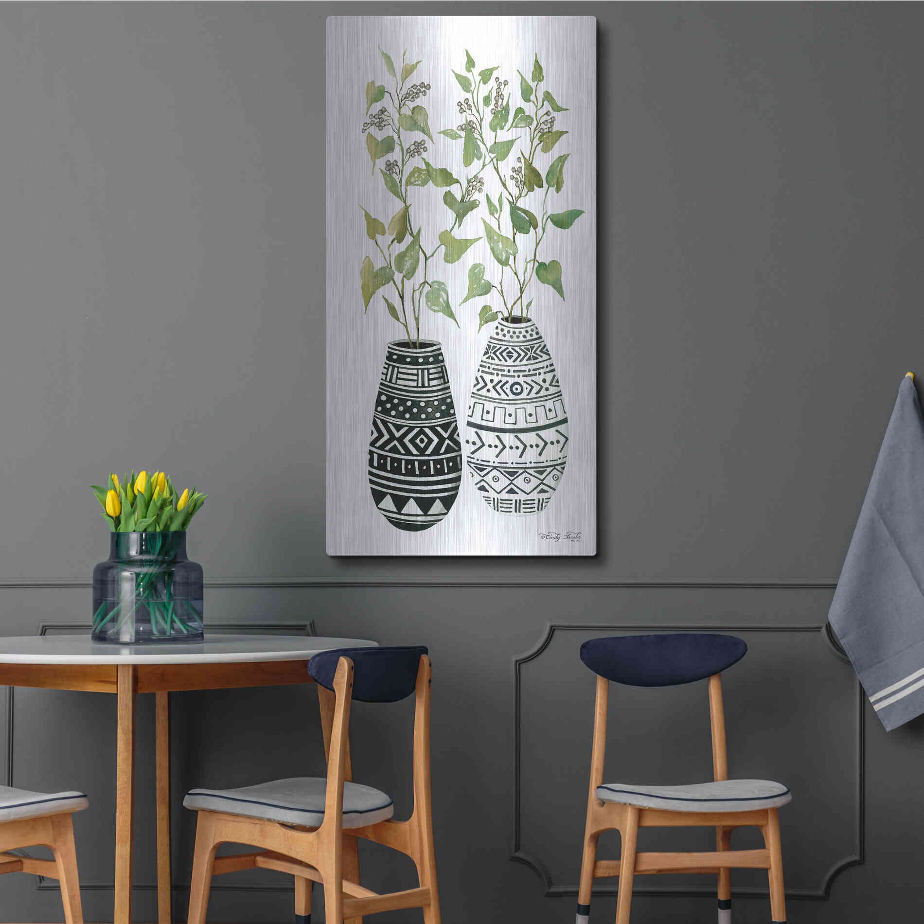 Luxe Metal Art 'Mud Cloth Vase IV' by Cindy Jacobs, Metal Wall Art,24x48