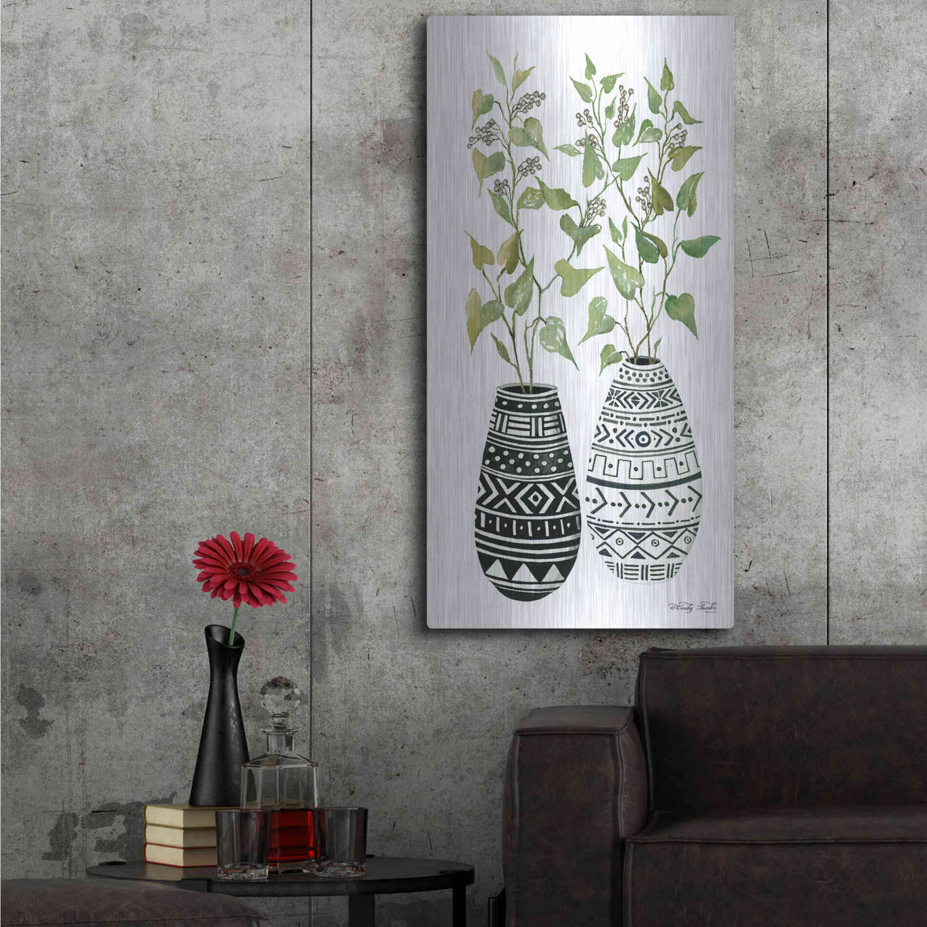 Luxe Metal Art 'Mud Cloth Vase IV' by Cindy Jacobs, Metal Wall Art,24x48