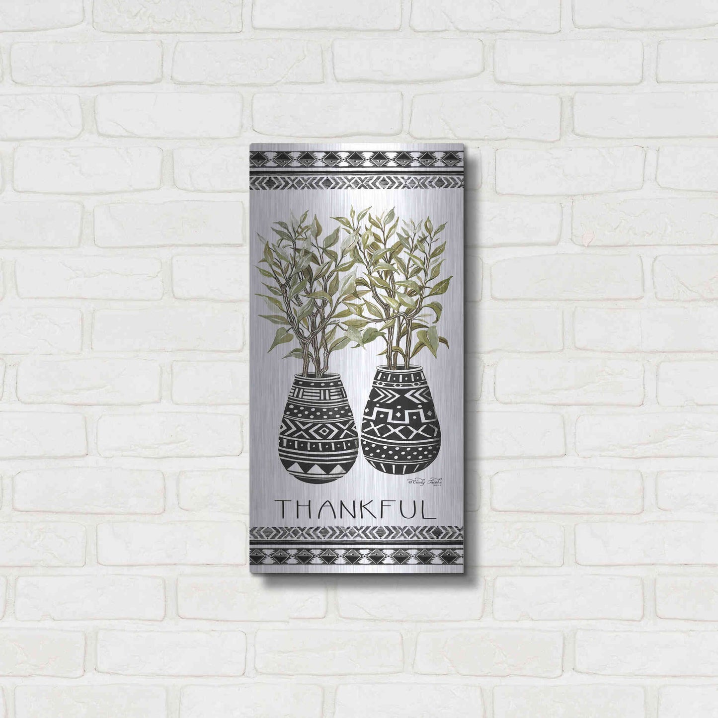 Luxe Metal Art 'Thankful Mud Cloth Vase' by Cindy Jacobs, Metal Wall Art,12x24