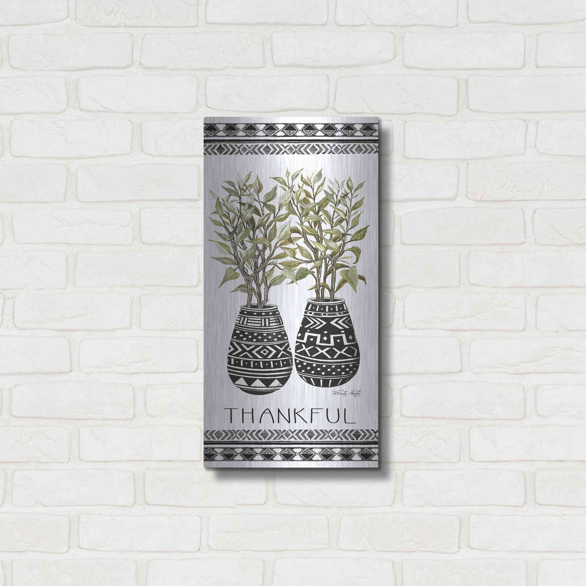 Luxe Metal Art 'Thankful Mud Cloth Vase' by Cindy Jacobs, Metal Wall Art,12x24