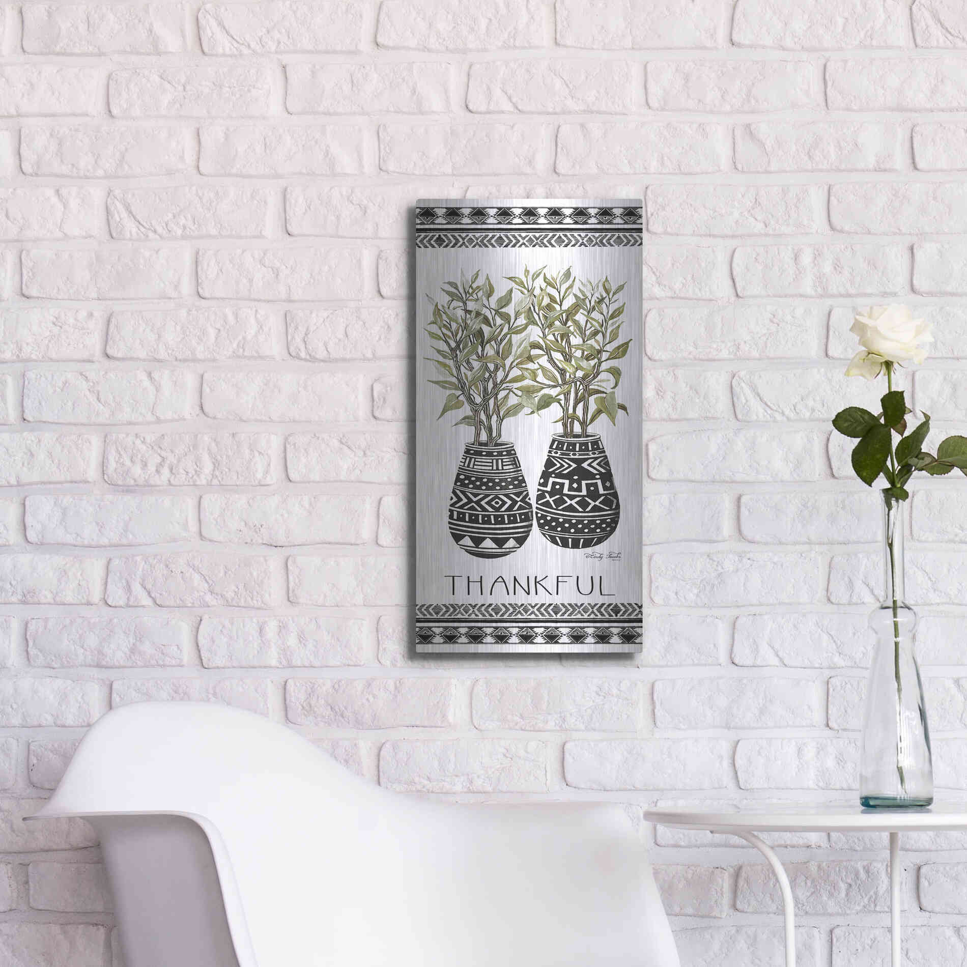 Luxe Metal Art 'Thankful Mud Cloth Vase' by Cindy Jacobs, Metal Wall Art,12x24