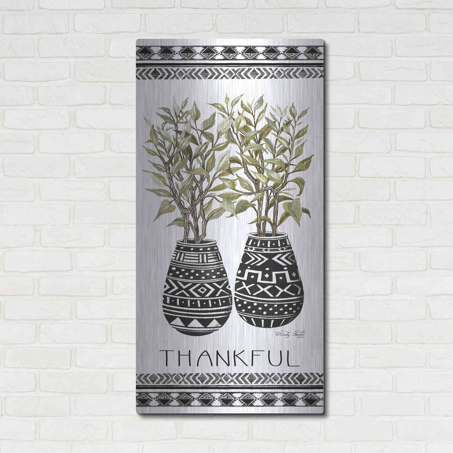 Luxe Metal Art 'Thankful Mud Cloth Vase' by Cindy Jacobs, Metal Wall Art,24x48