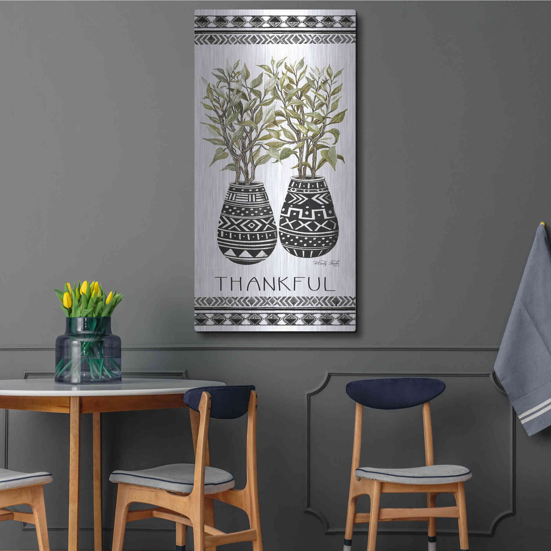 Luxe Metal Art 'Thankful Mud Cloth Vase' by Cindy Jacobs, Metal Wall Art,24x48