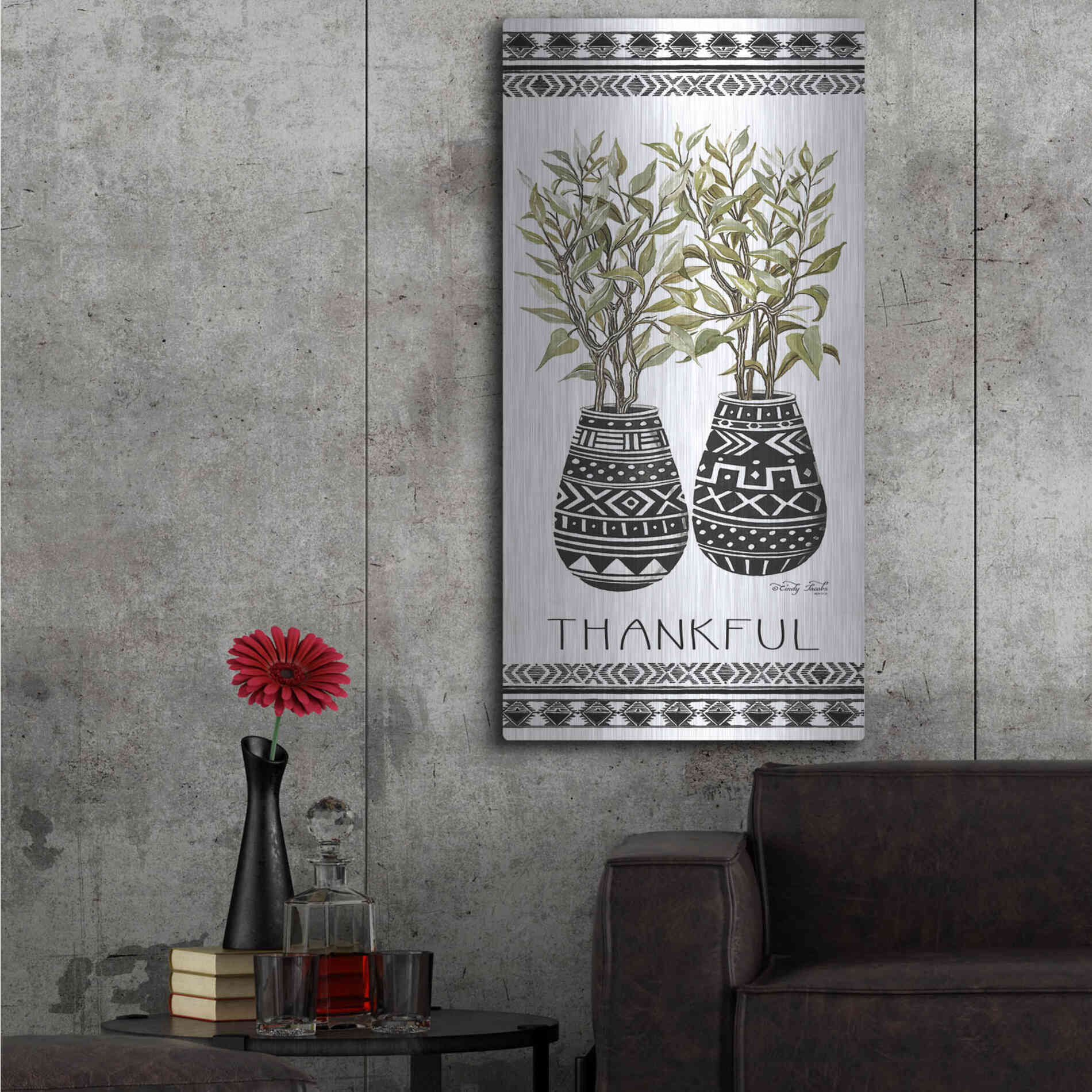 Luxe Metal Art 'Thankful Mud Cloth Vase' by Cindy Jacobs, Metal Wall Art,24x48